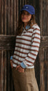 Striped Long Sleeve Polo with Knit Band Collar in IVORY BROWN - Women's TOPS | Urban Daizy