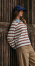 Striped Long Sleeve Polo with Knit Band Collar in IVORY BROWN - Women's TOPS | Urban Daizy