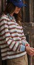 Striped Long Sleeve Polo with Knit Band Collar in IVORY BROWN - Women's TOPS | Urban Daizy