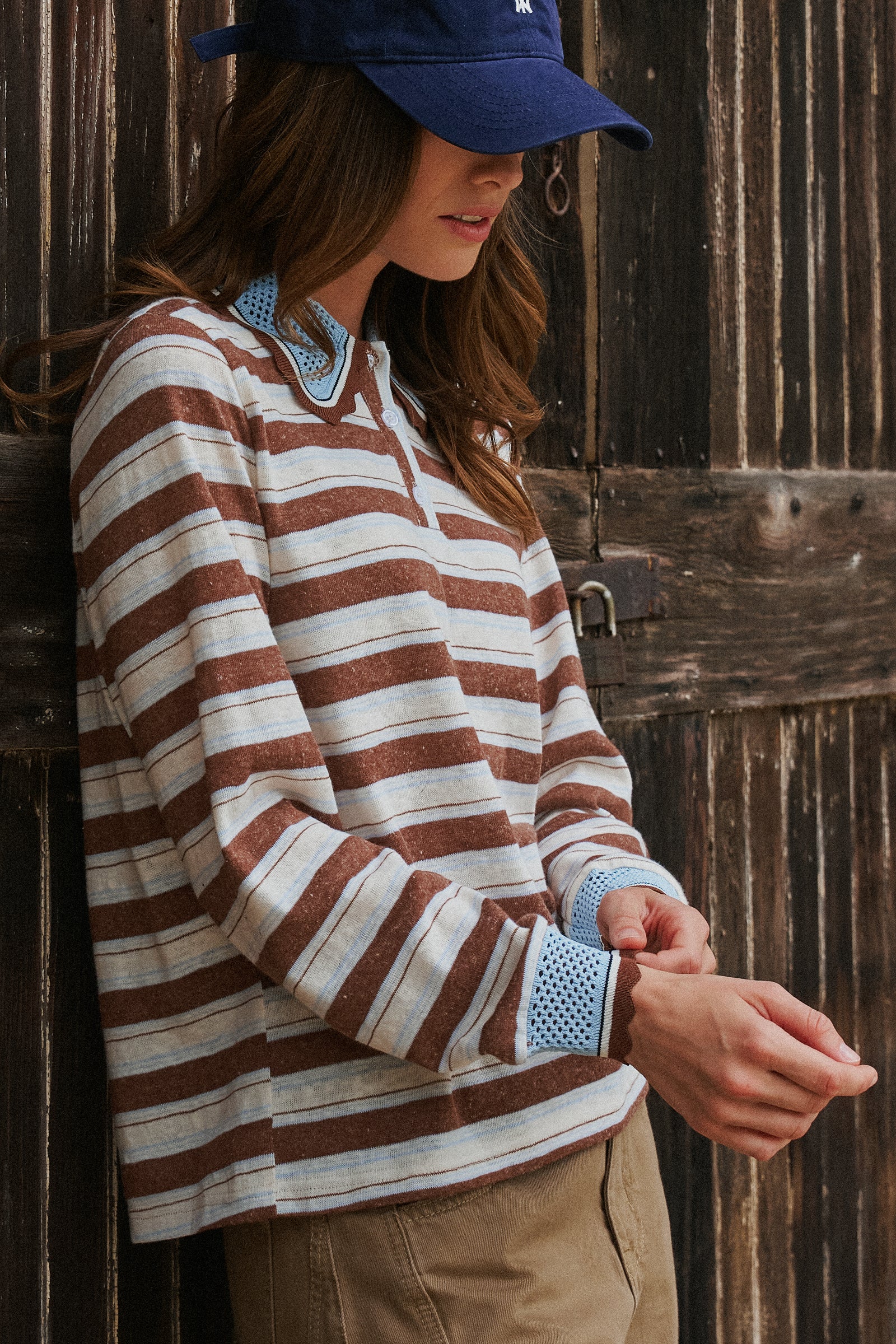 Striped Long Sleeve Polo with Knit Band Collar in IVORY BROWN - Women's TOPS | Urban Daizy