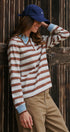 Striped Long Sleeve Polo with Knit Band Collar in IVORY BROWN - Women's TOPS | Urban Daizy