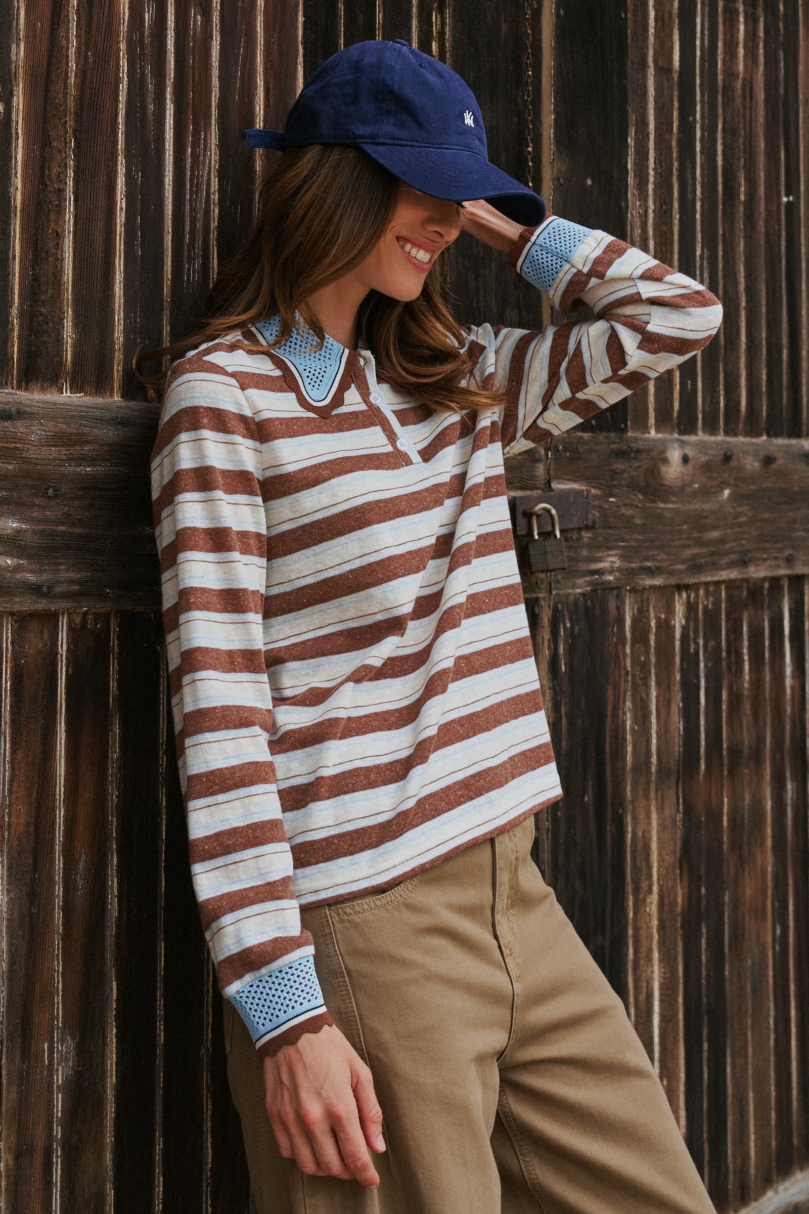 Striped Long Sleeve Polo with Knit Band Collar in IVORY BROWN - Women's TOPS | Urban Daizy