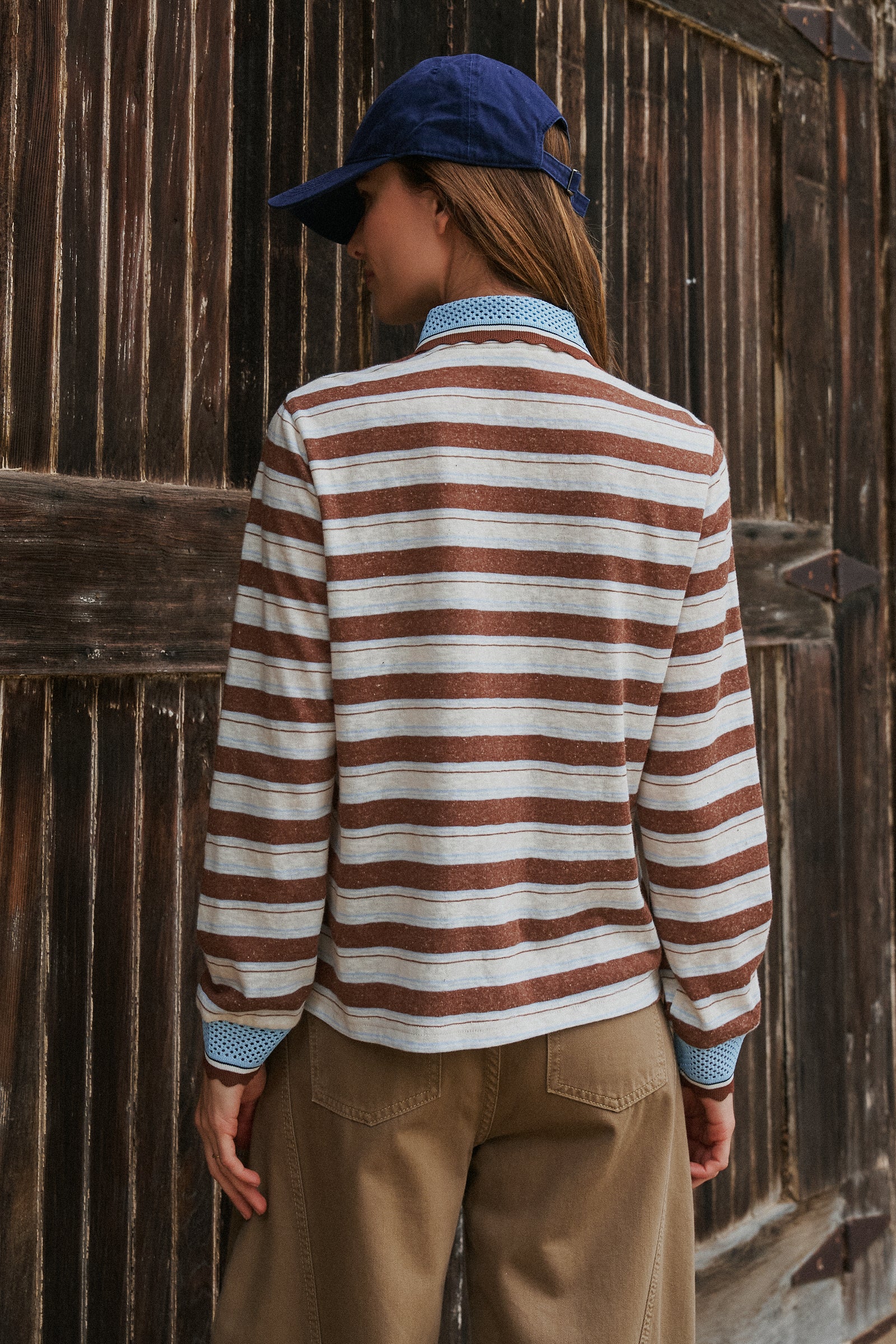Striped Long Sleeve Polo with Knit Band Collar in IVORY BROWN - Women's TOPS | Urban Daizy