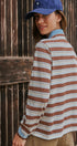 Striped Long Sleeve Polo with Knit Band Collar in IVORY BROWN - Women's TOPS | Urban Daizy