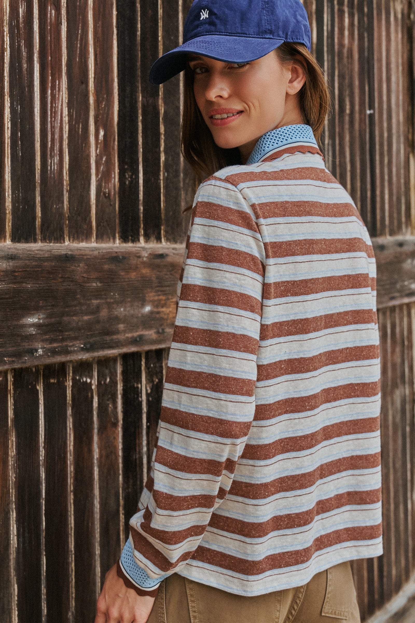 Striped Long Sleeve Polo with Knit Band Collar in IVORY BROWN - Women's TOPS | Urban Daizy