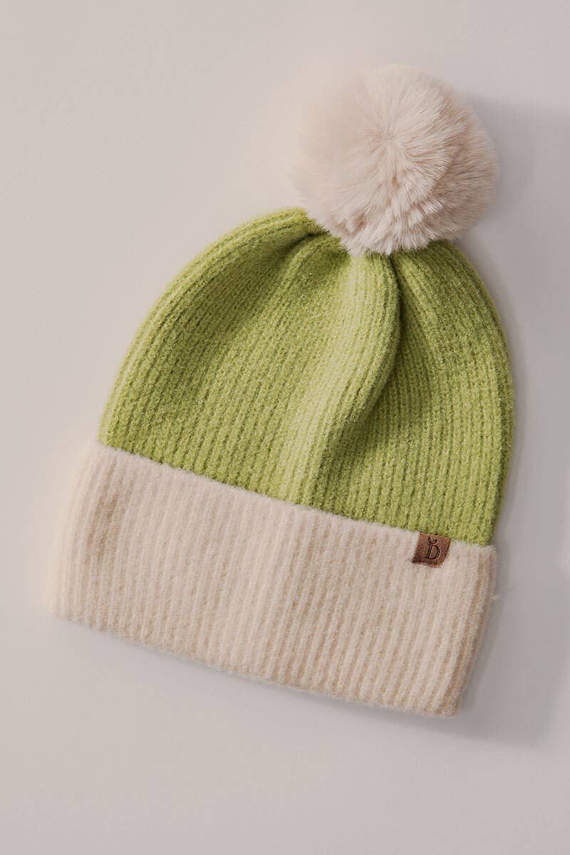 Urban Daizy Cozy Colorblock Ribbed Beanie with Faux Fur Pom Blue Beanie - Women's (UDZ-AC-00003) – alternate view 2
