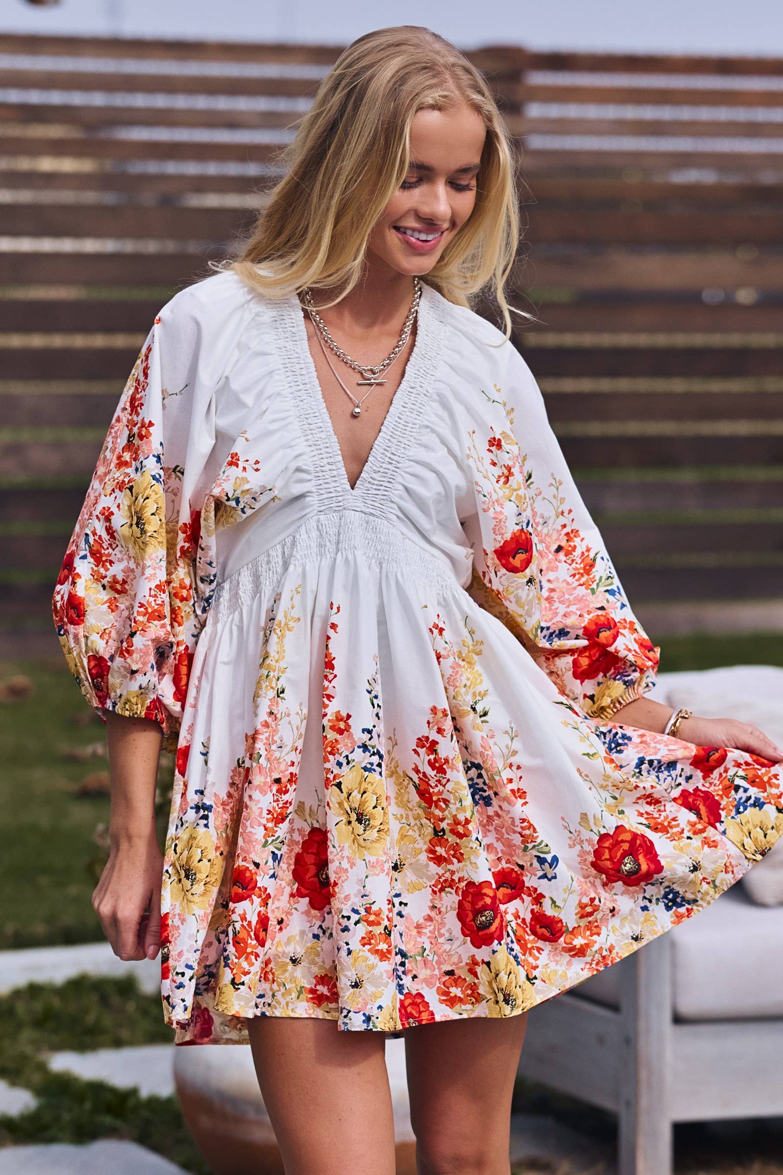 Urban Daizy Floral Print Smocked Cotton Mini Dress Ivory-Multi Dress - Women's (UDZ-DR-00481) – alternate view 2