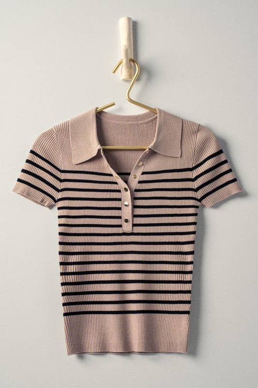 Striped Snap Collar Rib Knit Top