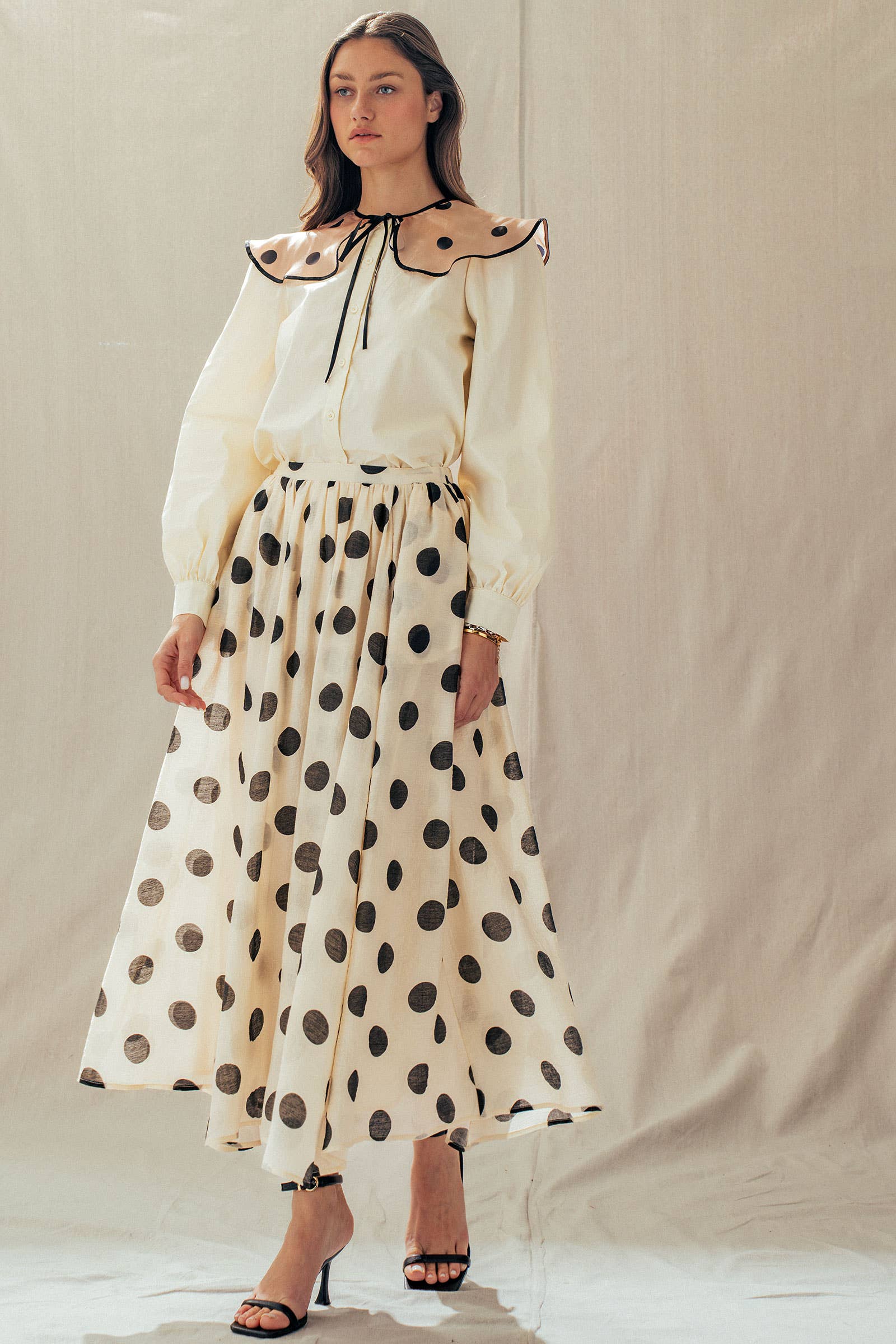 Urban Daizy Polka Dot Statement Collar Tie-Neck Shirt Cream Button Down Shirt - Women's (UDZ-TP-01066) – alternate view 14