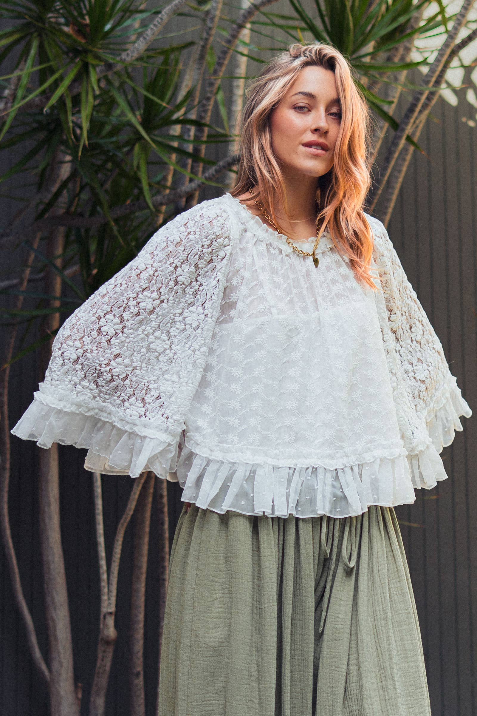 Urban Daizy Swiss Dot Lace Top Ruffle Flutter Sleeve Black Blouse - Women's (UDZ-TP-01041) – alternate view 3