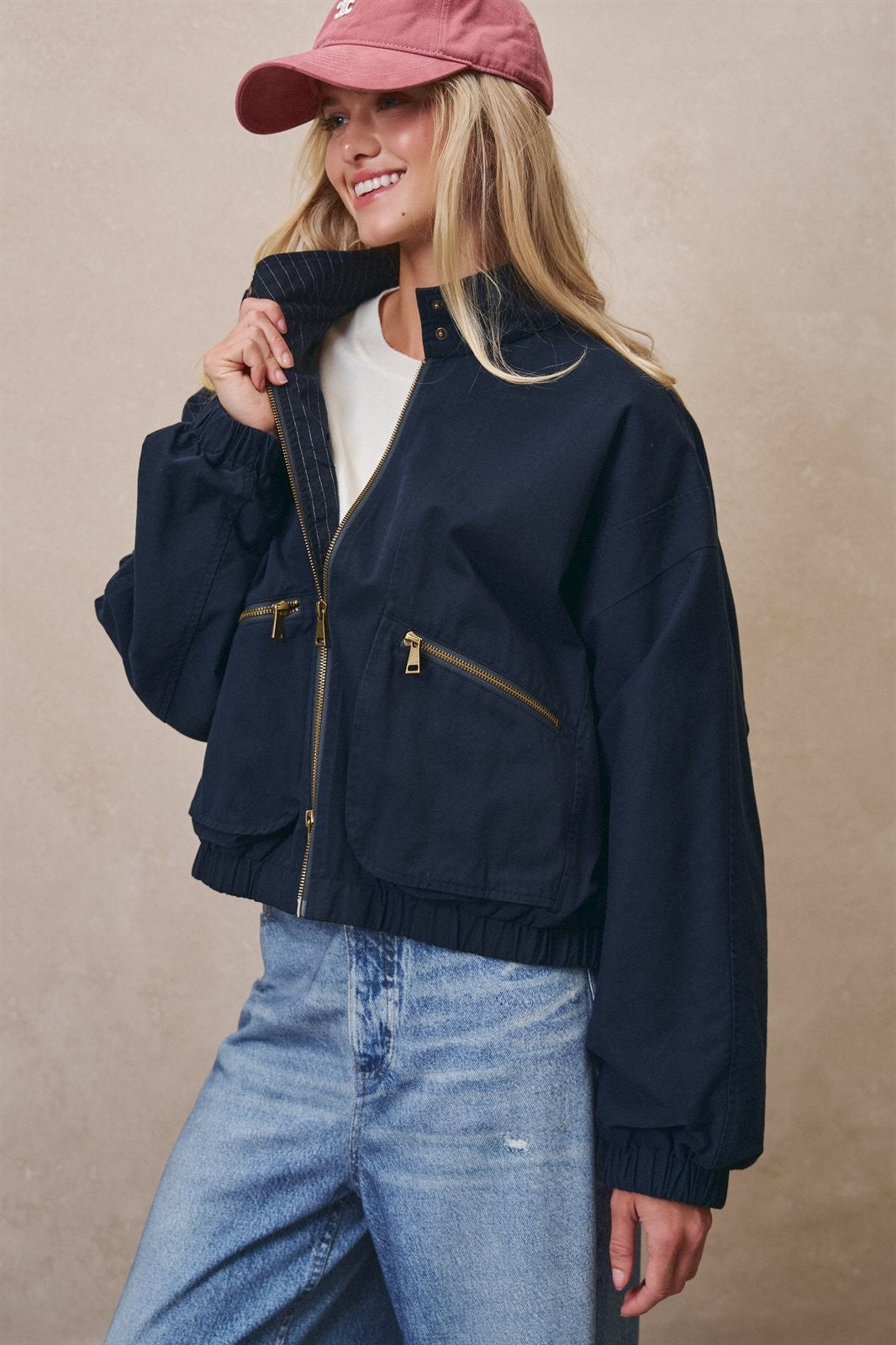 Cropped Zip Bomber Jacket in NAVY - Women's Jackets & Blazers | Urban Daizy