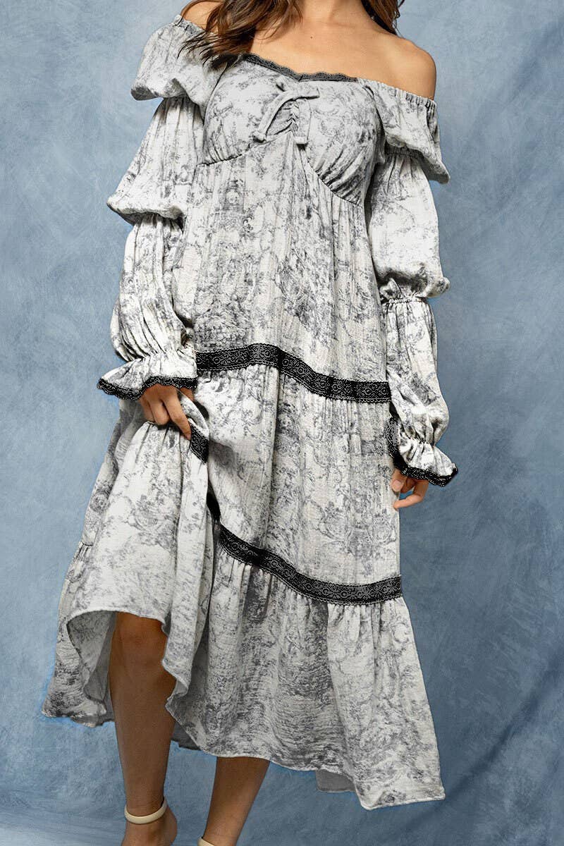 Off Shoulder Tiered Lace Trim Puff Sleeve Midi Dres