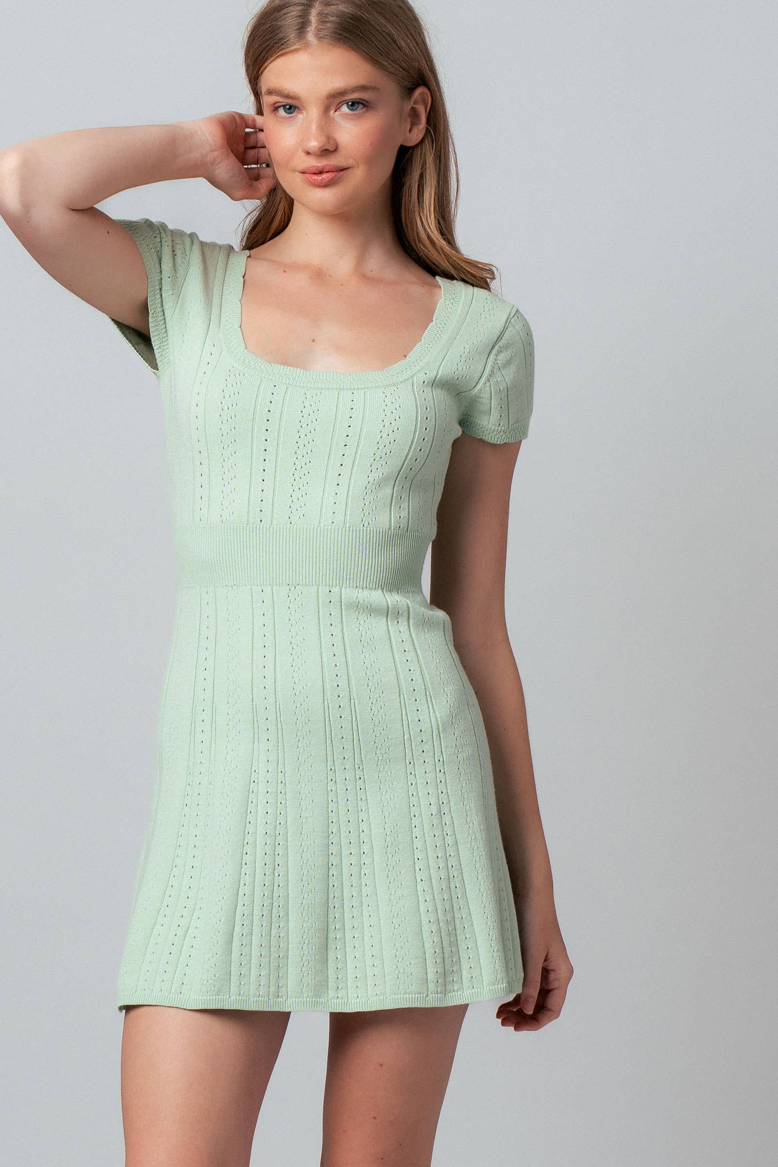Pointelle Knit Square Neck Mini Dress