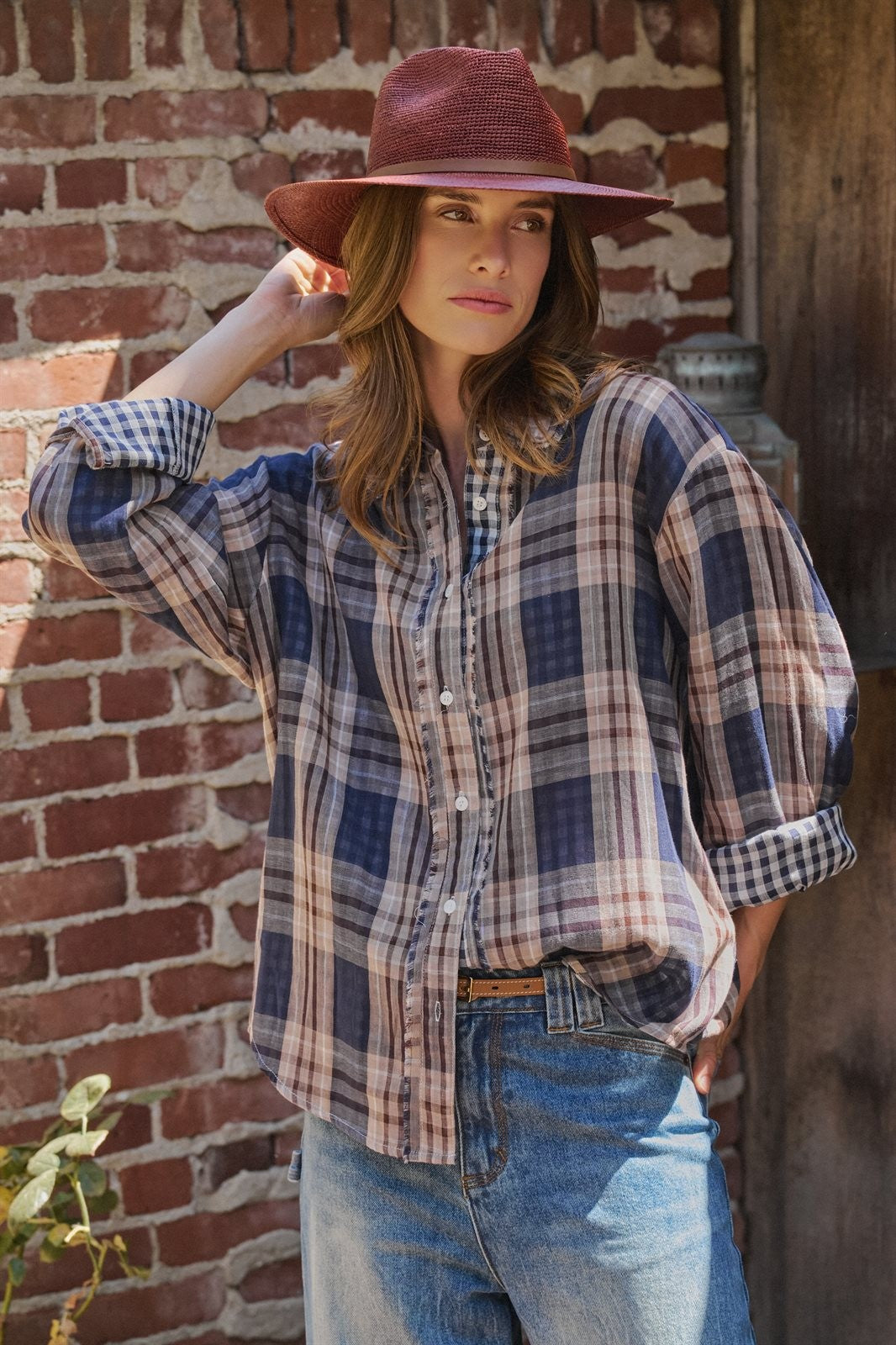 Oversized Plaid Cotton Button-Down Shirt in NAVY - Women's Shirts & Blouses | Urban Daizy