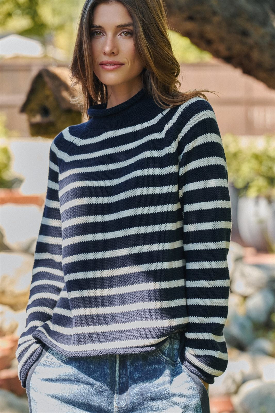 Striped Mock Neck Sweater with Rolled Neckline in IVORY NAVY - Women's Sweaters | Urban Daizy