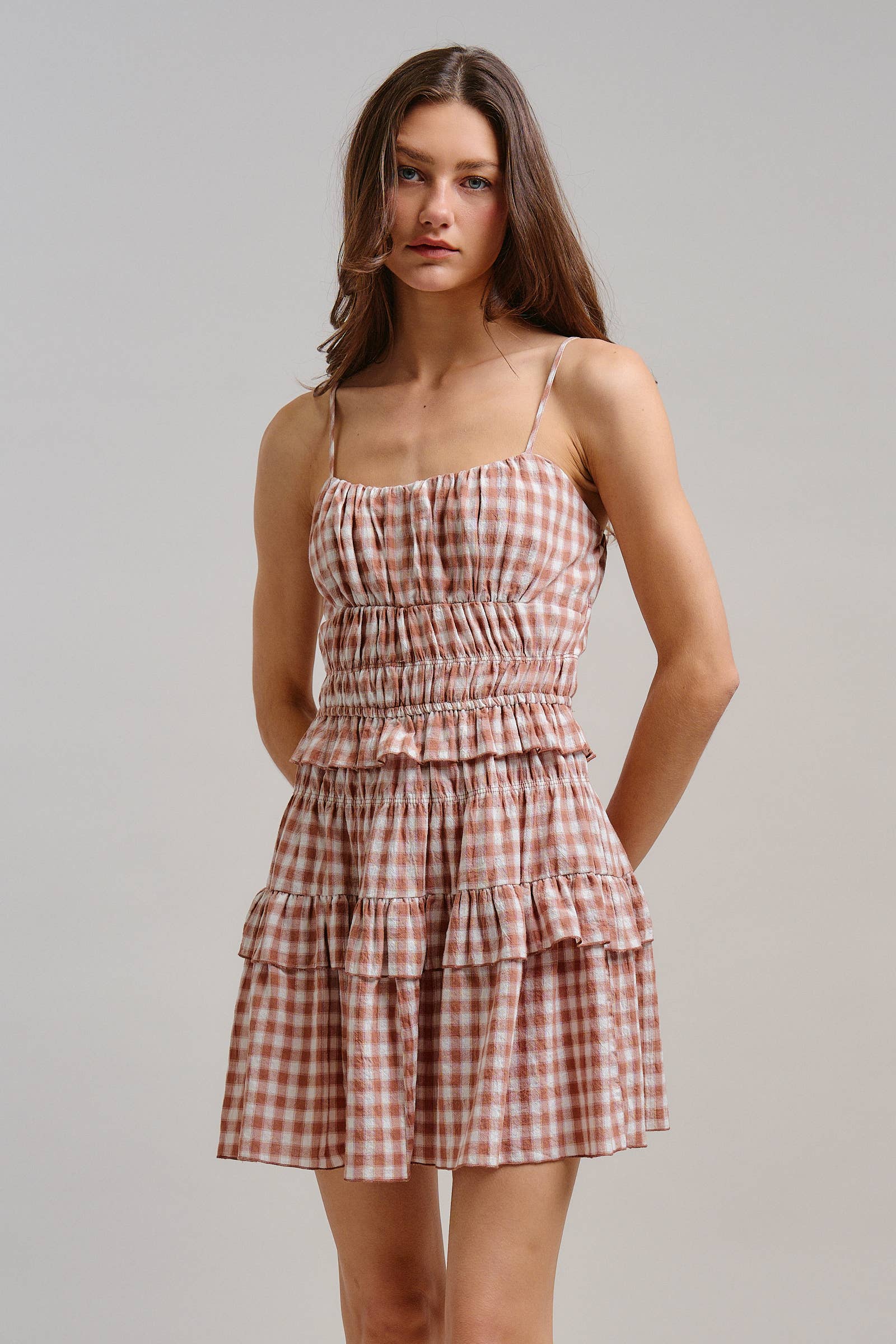 Urban Daizy Gingham Tiered Smocked Mini Dress Blue Dress - Women's (TNDR1640-Blue) – alternate view 3