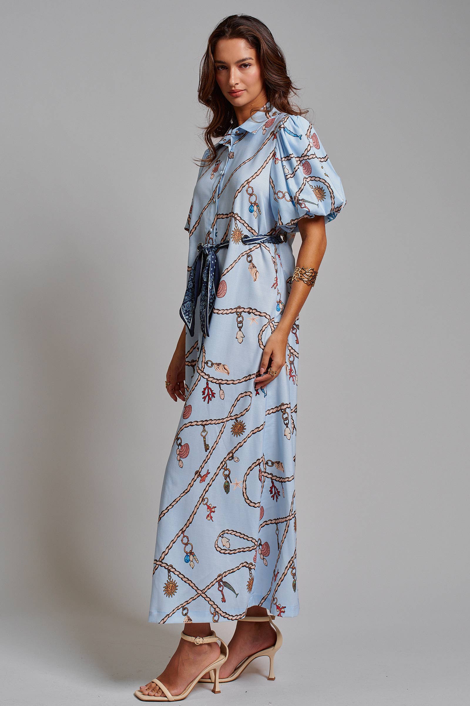 Nautical Motif Puff Sleeve Shirt Dress