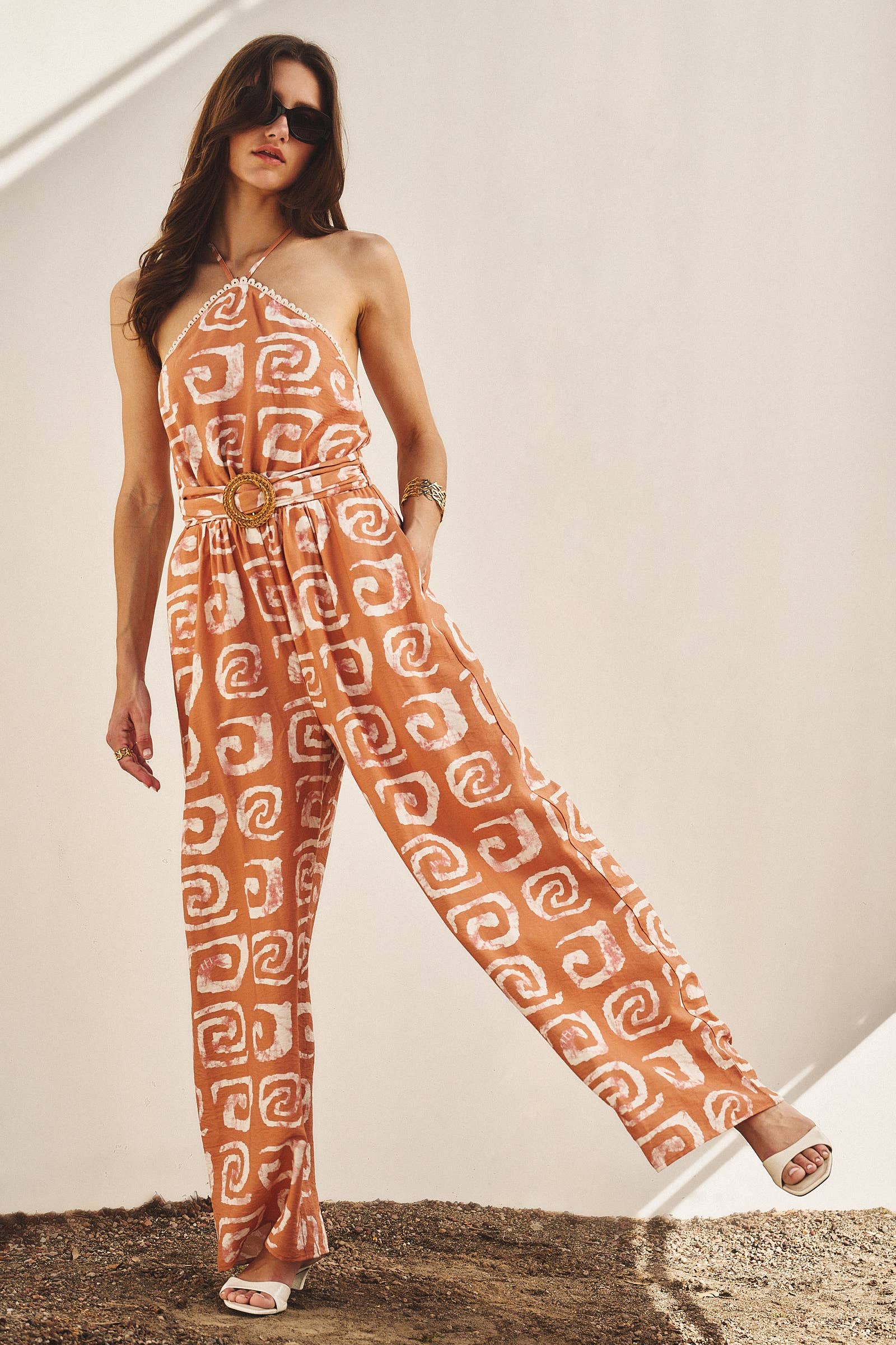 Urban Daizy Geometric Print Halter Belted Wide Leg Jumpsuit Blush Jumpsuit - Women's (TNJU0181-Blush) – alternate view 8
