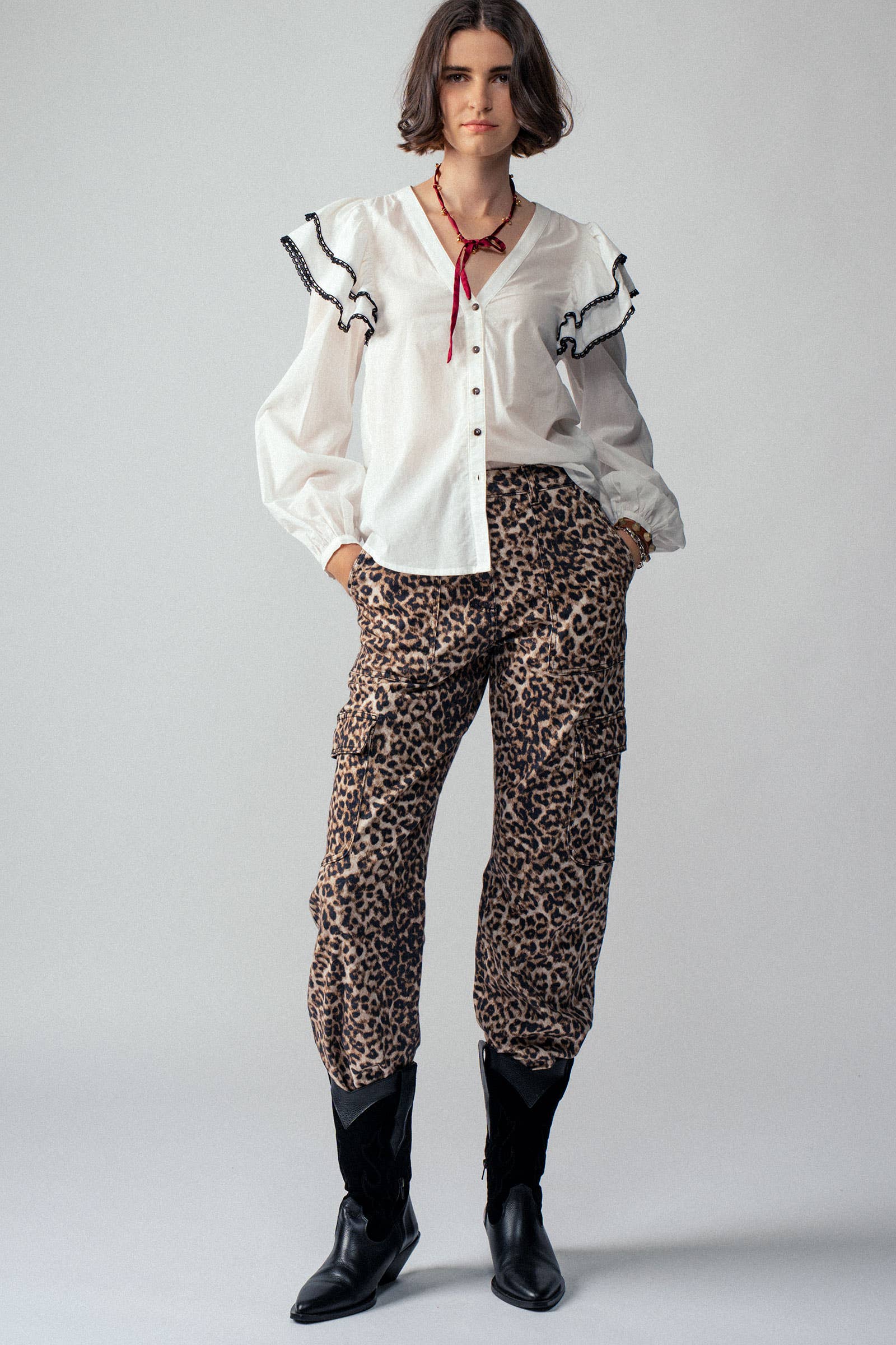 Urban Daizy Ruffled Shoulder V Neck Button Down Blouse White Black Blouse - Women's (UDZ-TP-00746) – alternate view 7