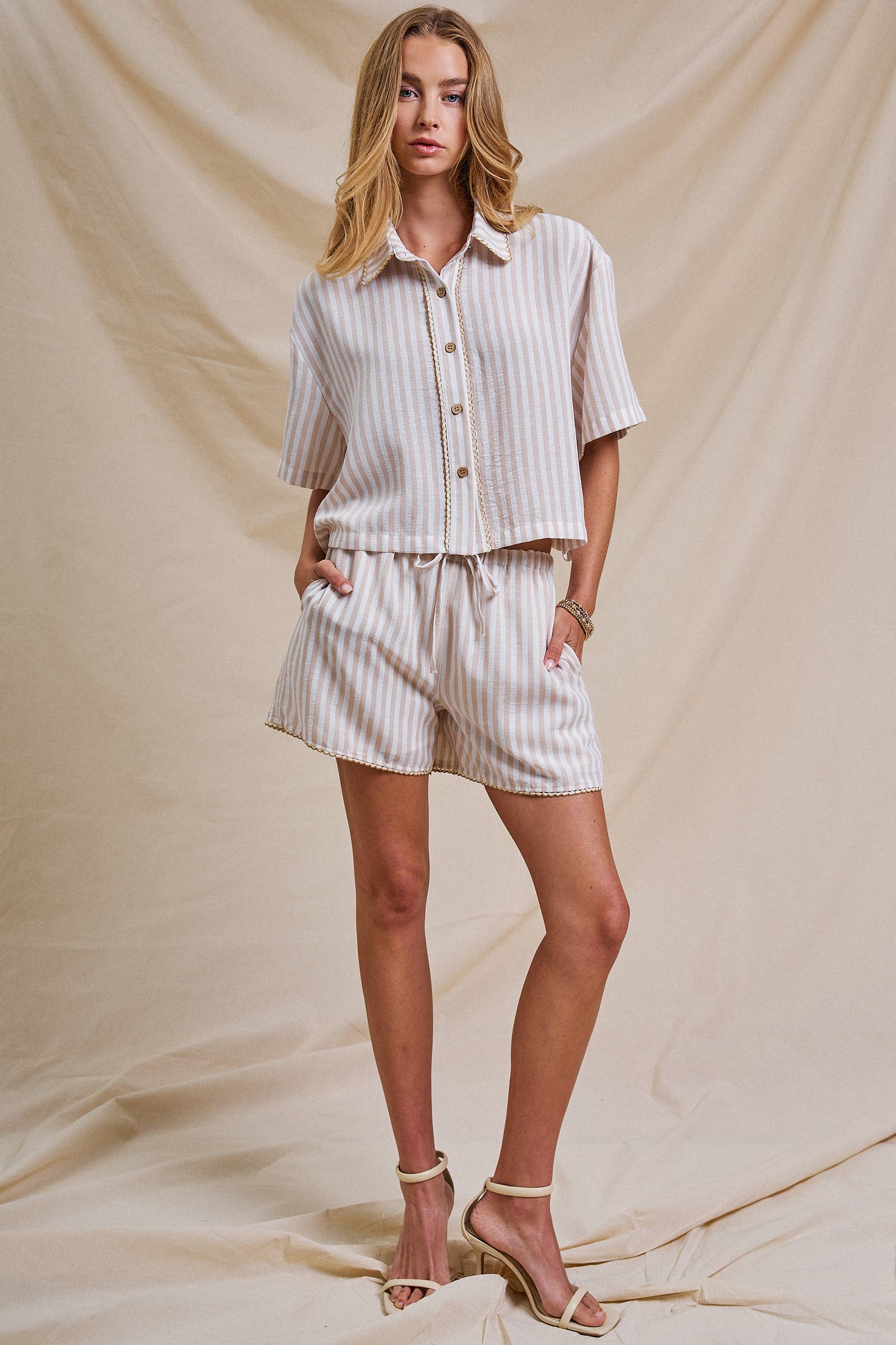 Urban Daizy Striped Scalloped Trim Drawstring Shorts Cream Shorts - Women's (UDZ-PT-00501-Cream) – alternate view 9