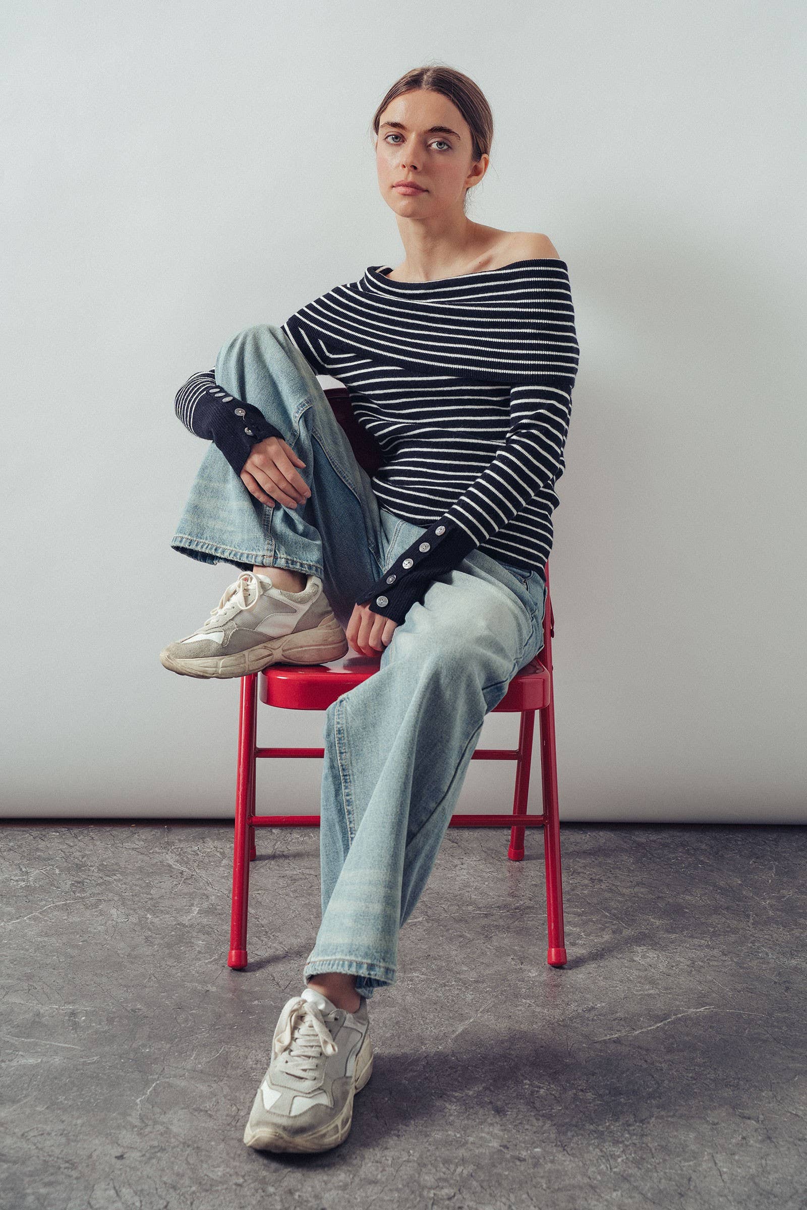 Off-Shoulder Striped Knit Top