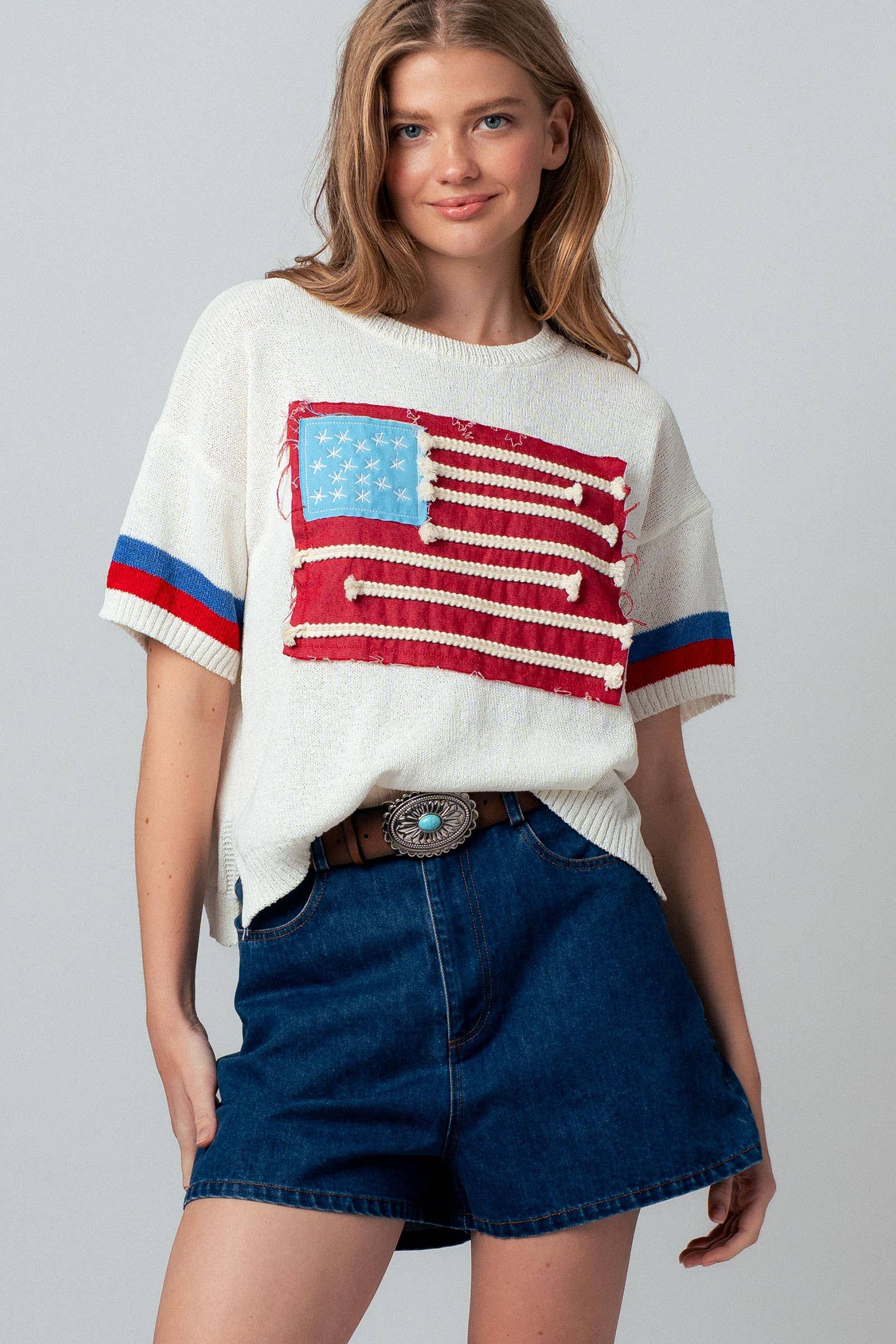 Flag Applique Knit Sweater with Stripe Cuffs