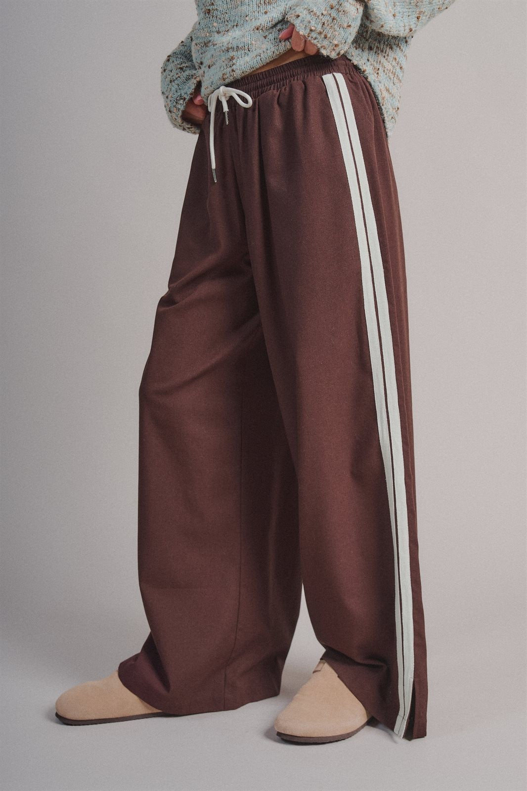 Side Stripe Drawstring Wide-Leg Pants in BROWN - Women's Casual Pants | Urban Daizy