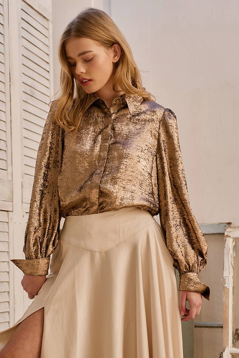 Metallic Billowy Sleeve Button Down Blouse