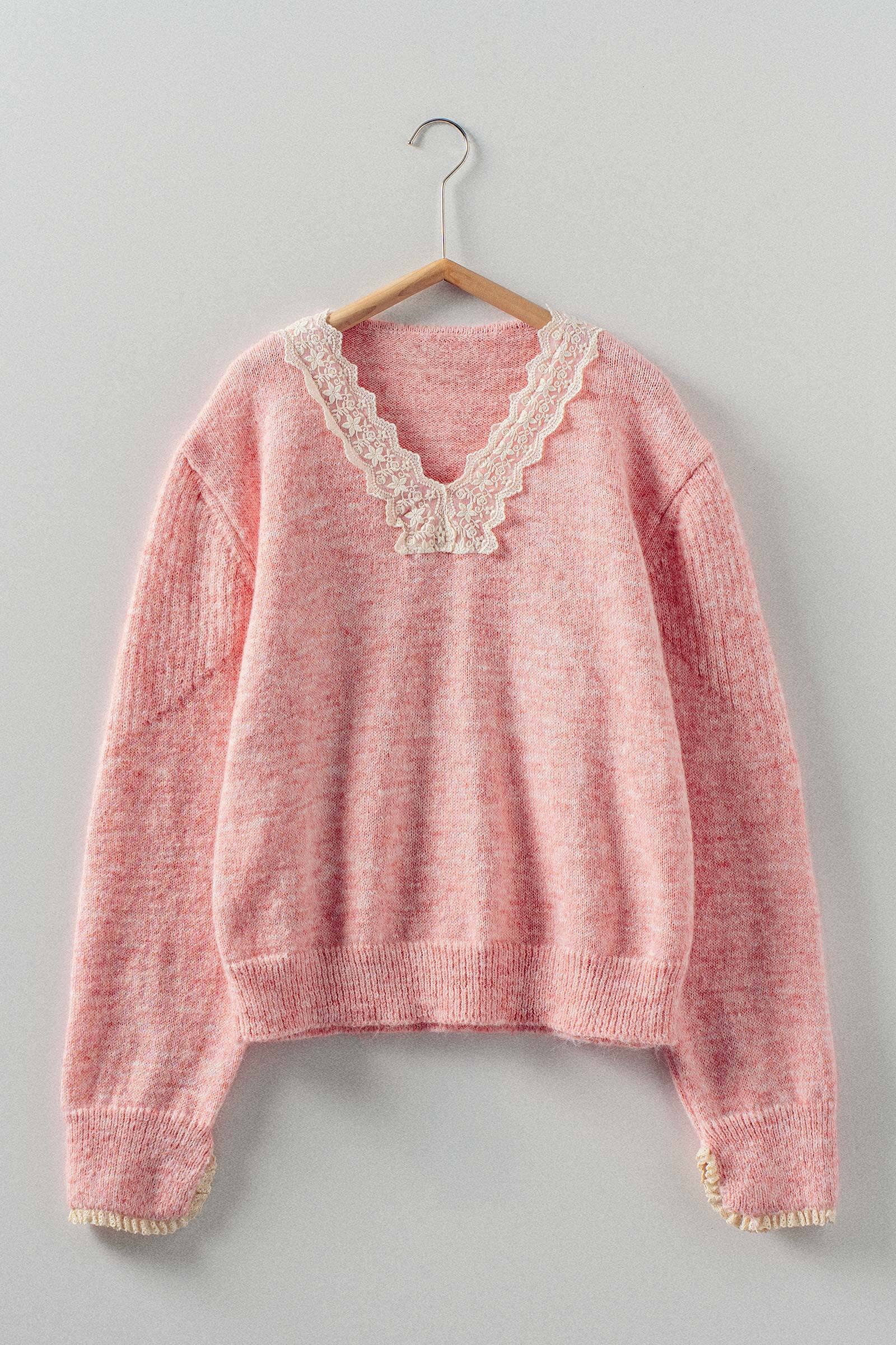 Lace Trim V-Neck Heathered Knit Sweater