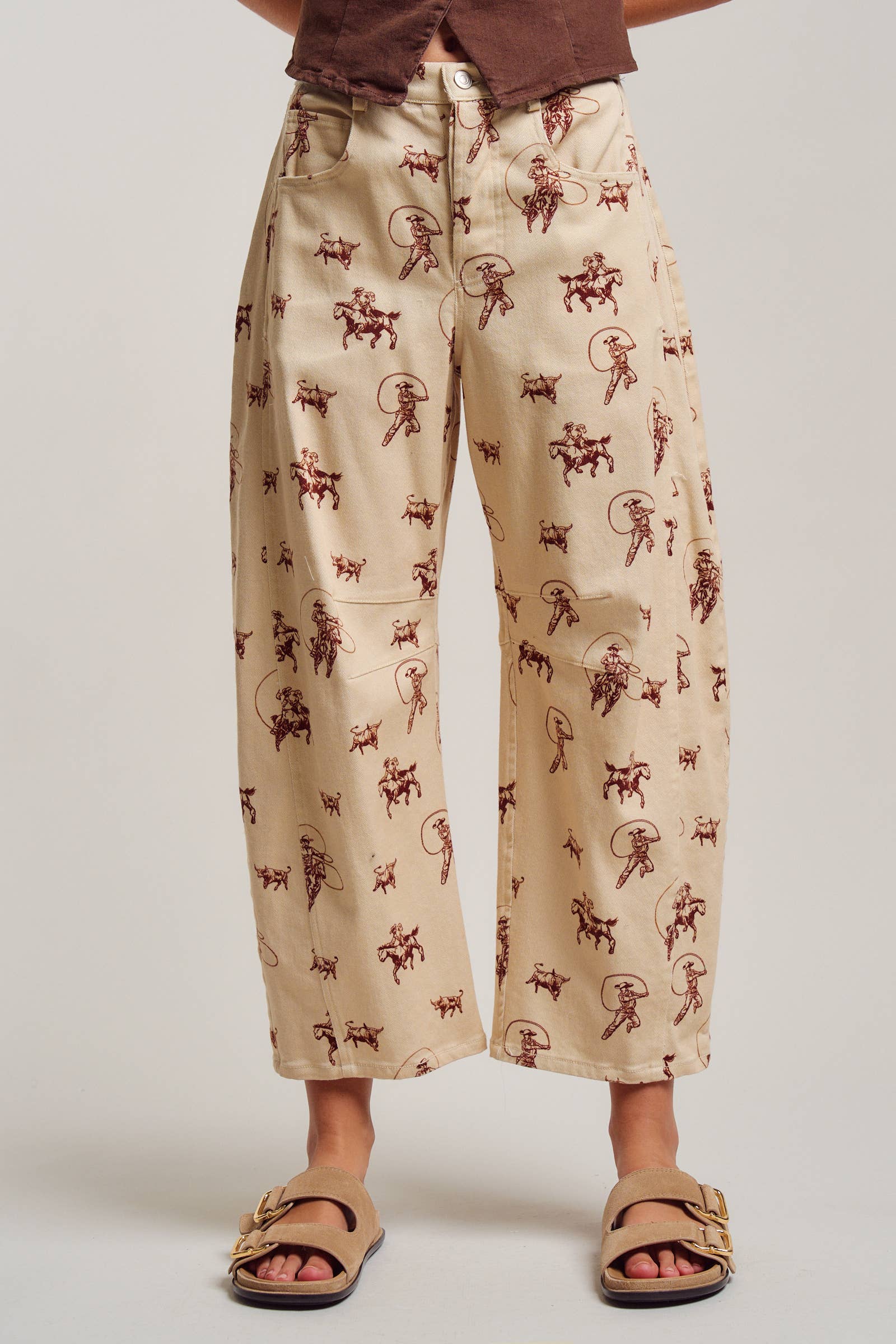 Urban Daizy Western Toile Print Barrel Leg Stretch Pants Lt-Khaki Pants - Women's (UDPT0076-Lt-Khaki)