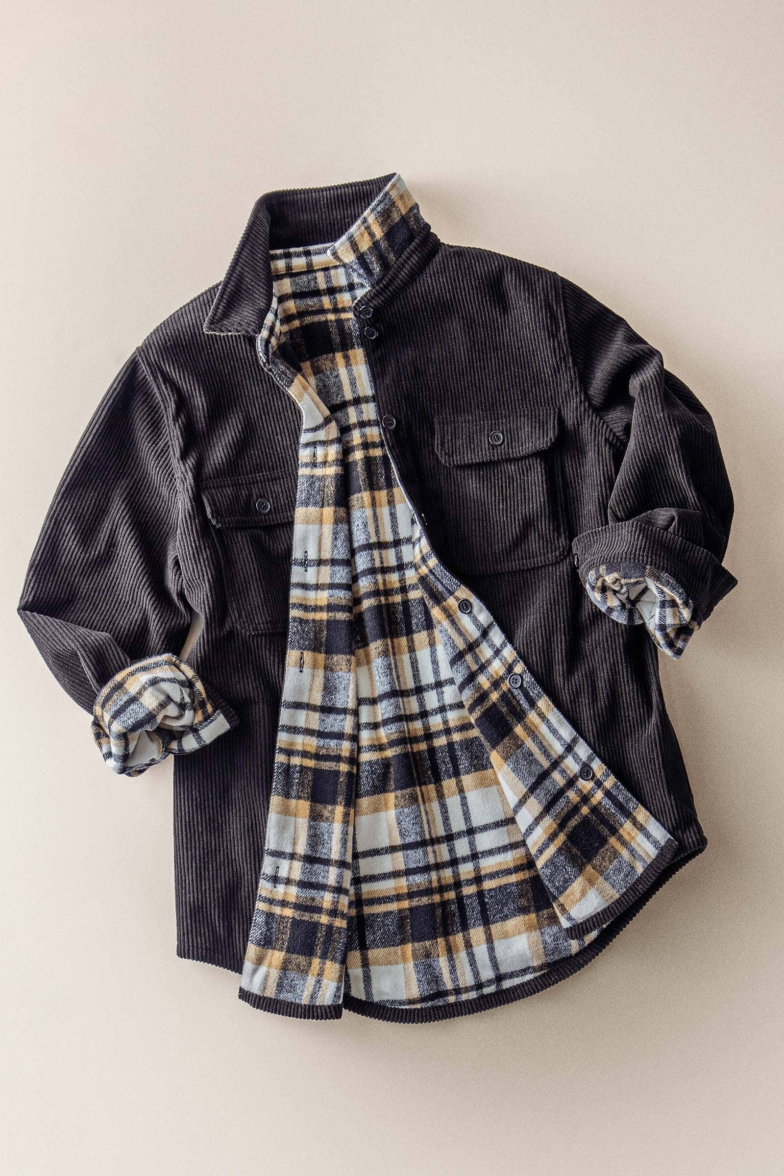 Urban Daizy Plaid Flannel-Lined Corduroy Shacket Taupe Shirt Jacket/Shacket - Women's (UDZ-KN-00150) – alternate view 7