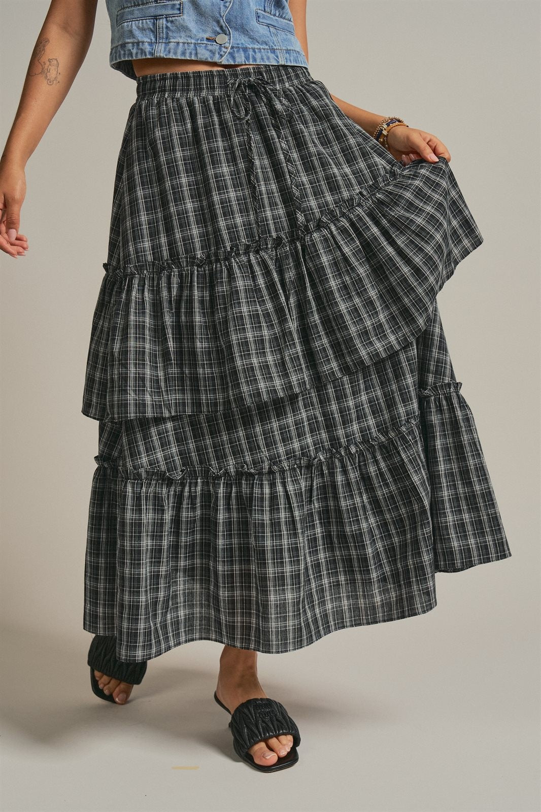 Plaid Tiered Ruffle Maxi Skirt Western Cowgirl Boho Long Ski in BLACK - Women's Midi Skirts | Urban Daizy