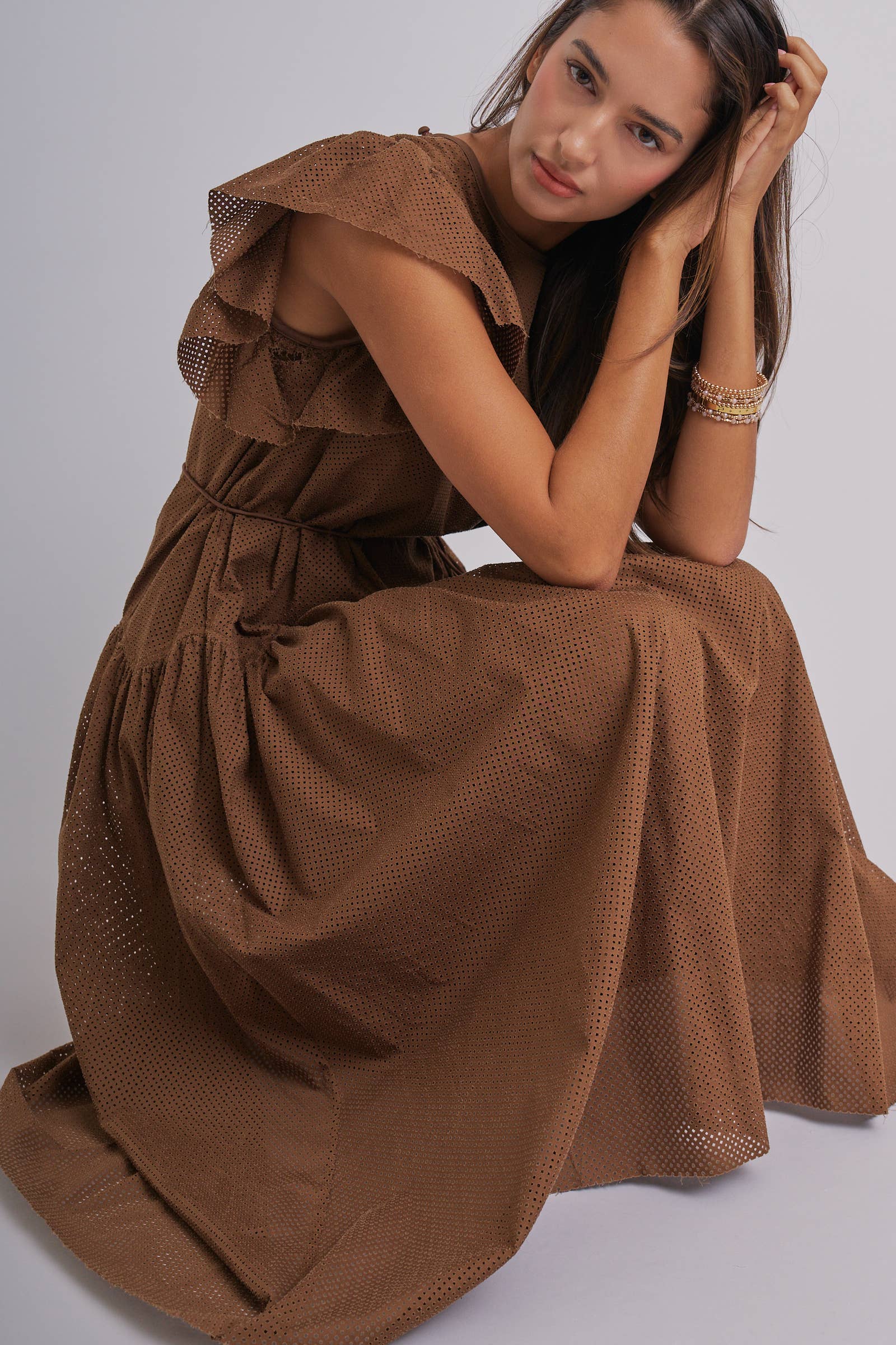 Cotton Eyelet Flutter Sleeve Drop Waist Midi Dress