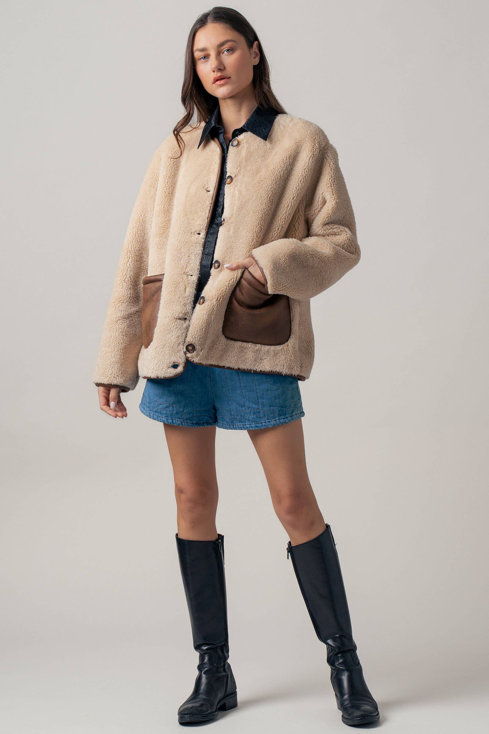 Faux Shearling Jacket with Suede Pockets