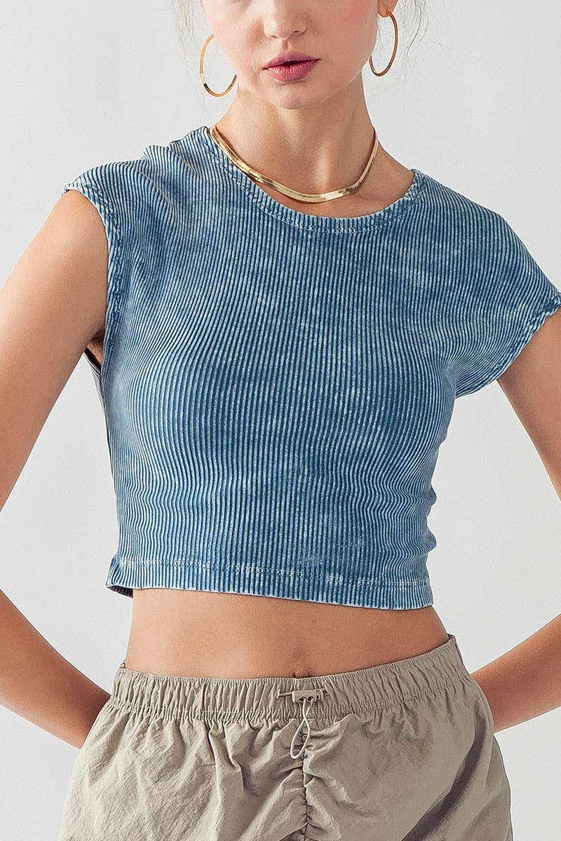 Urban Daizy Ribbed Knit Crop Short Sleeve Fitted Casual Spring Top Blue Knit Top - Women's (UDZ-TP-00081) – alternate view 23