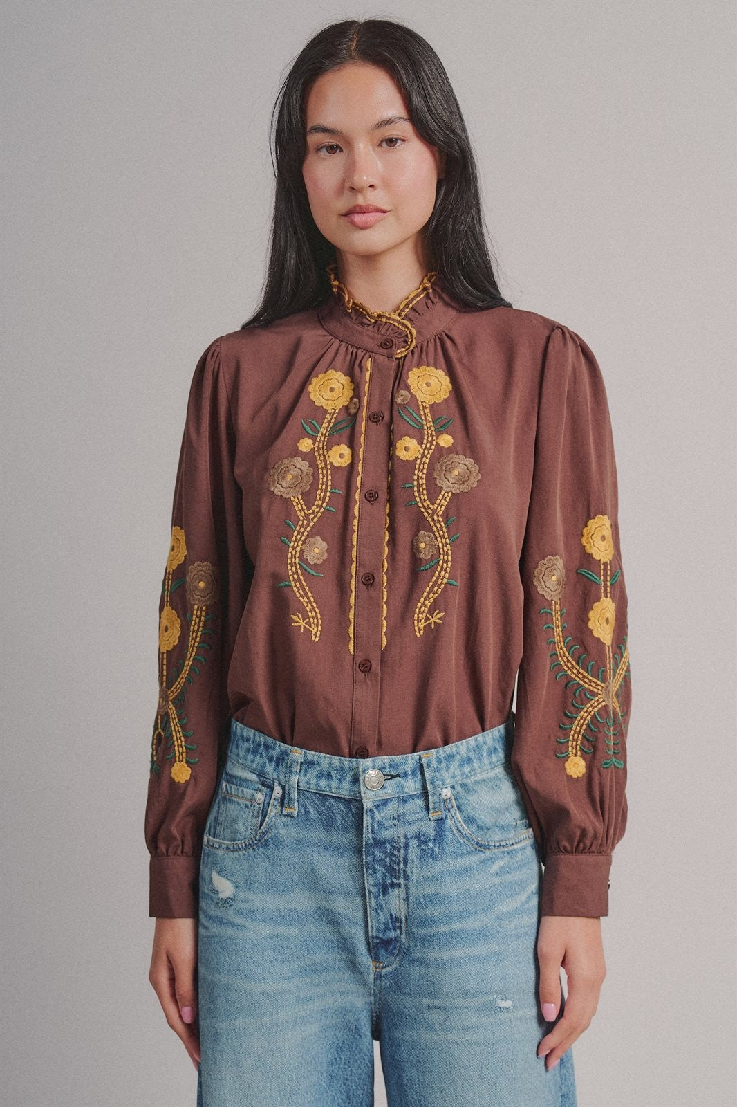 Embroidered Ruffle Neck Blouse in Western Folk Style in BROWN - Women's Shirts & Blouses | Urban Daizy