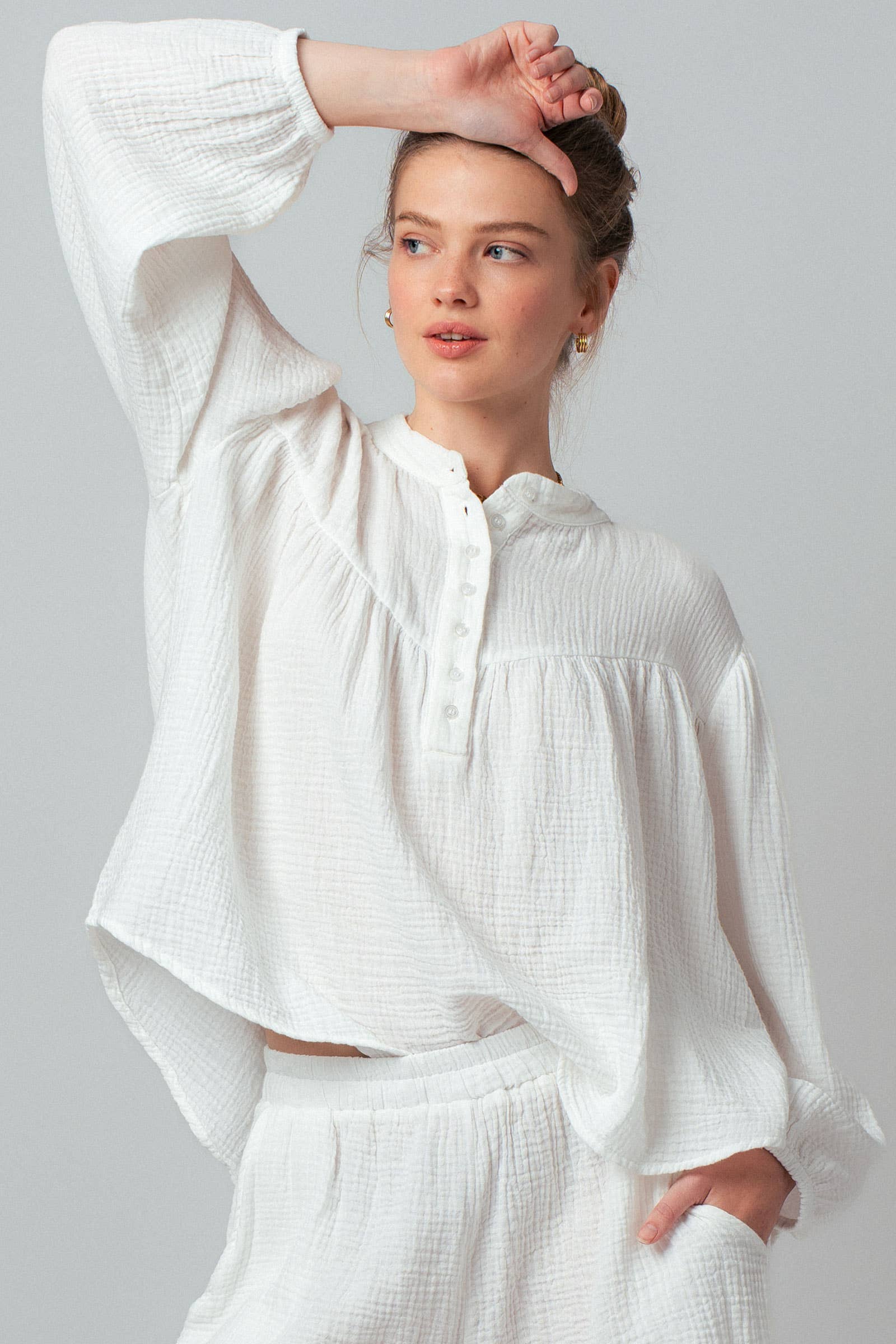Garment Dyed Cotton Gauze Button Down Top And Shorts Set