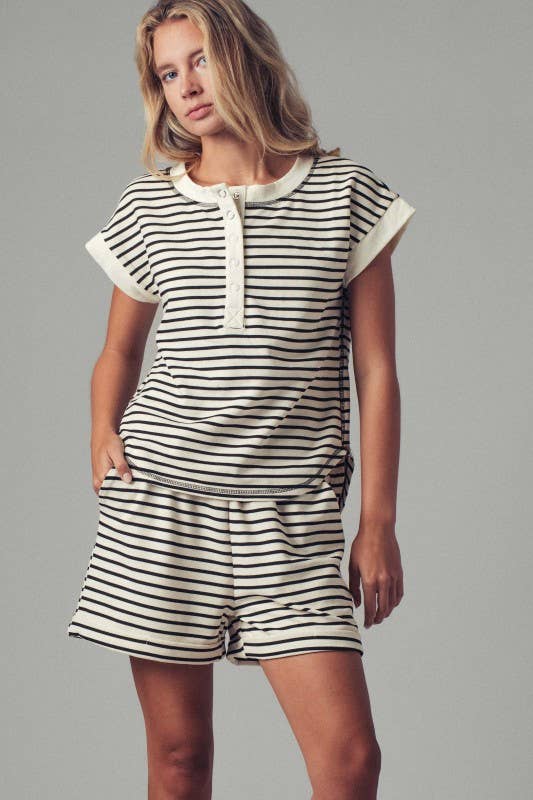 Striped Henley Button-Up Western Top