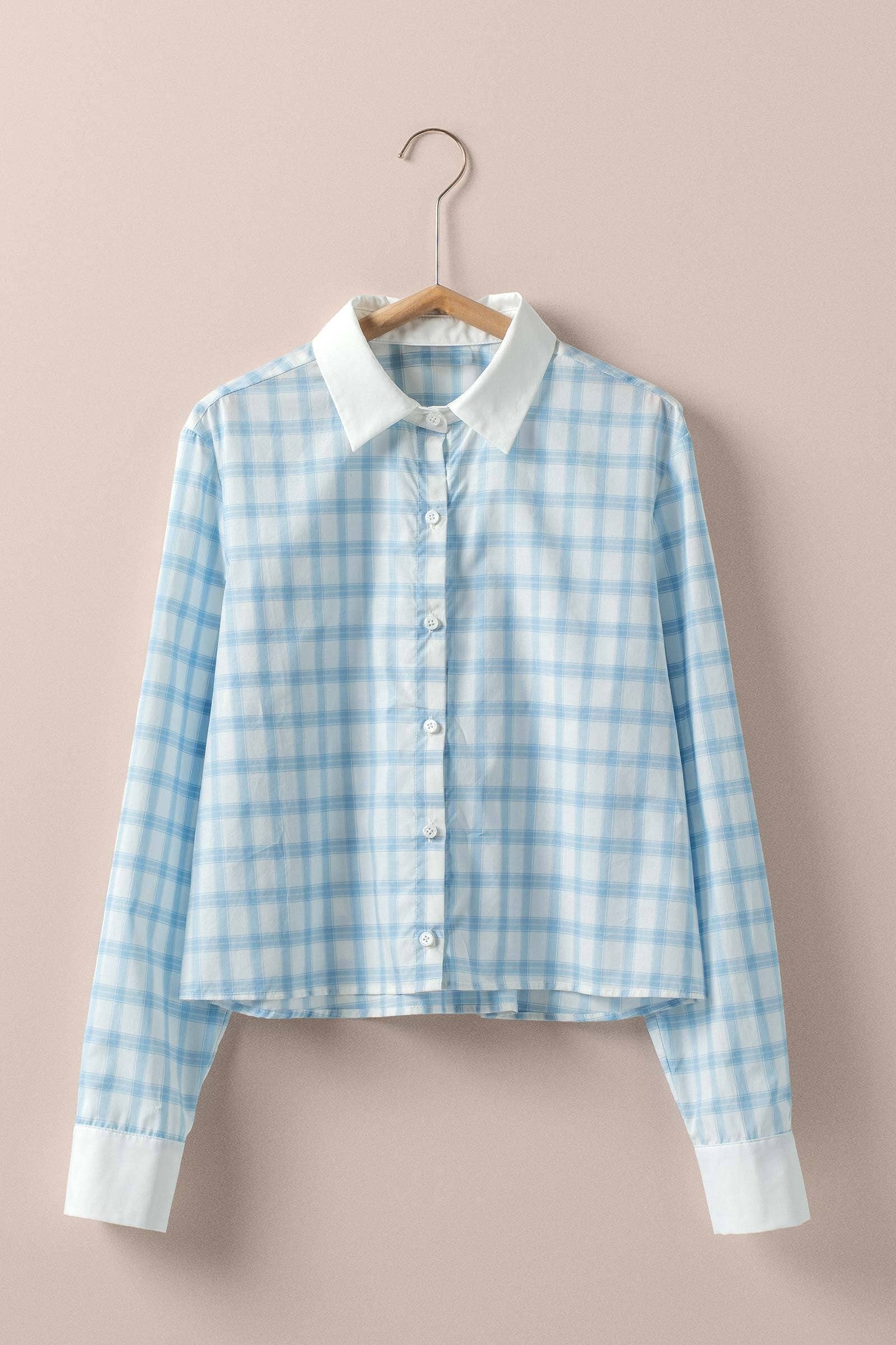 Urban Daizy Contrast Collar Plaid Button Front Shirt Blue Button Down Shirt - Women's (UDZ-TP-01003)