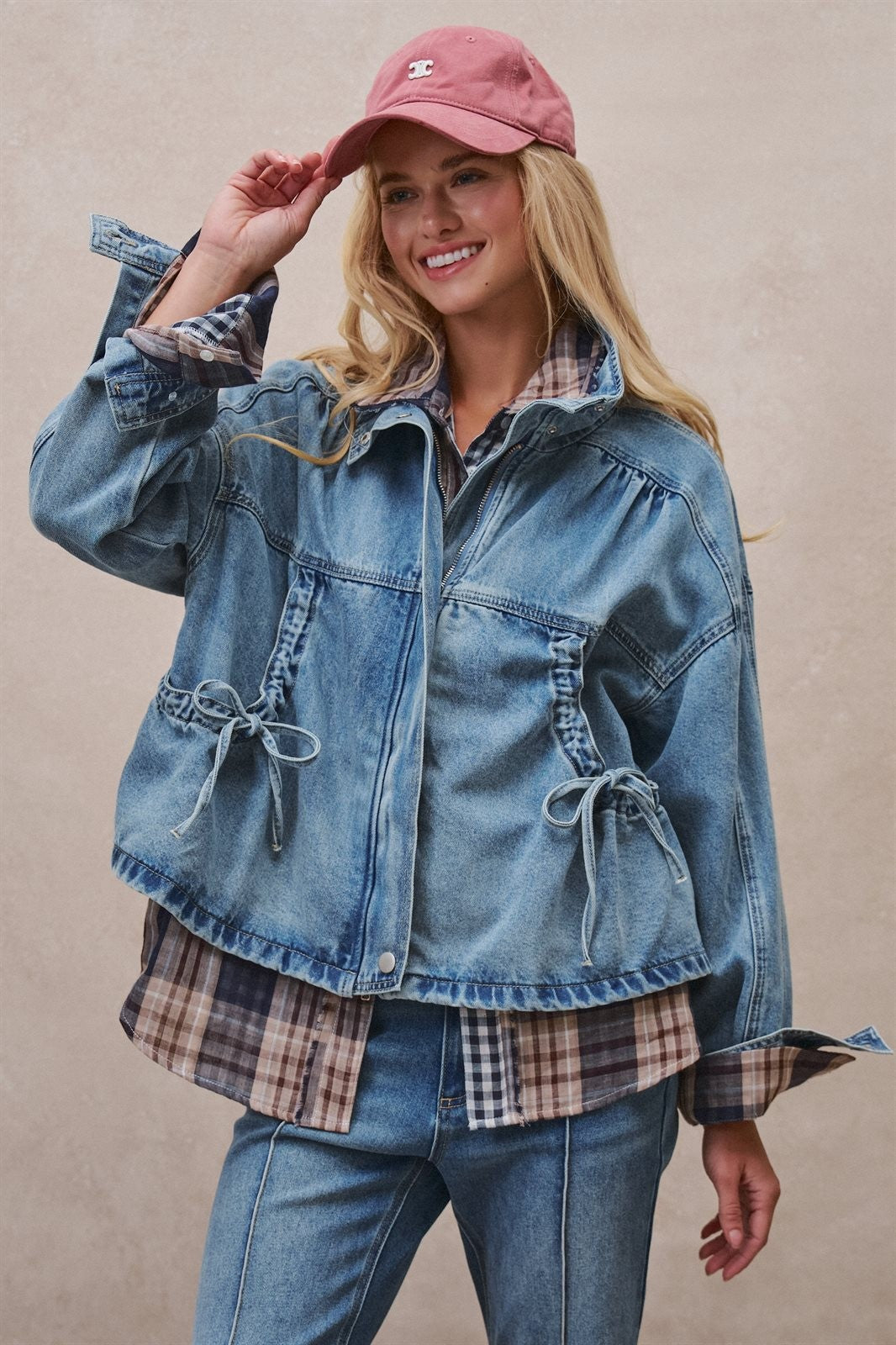 Vintage Washed Drawstring Denim Jacket with Stand Collar in DENIM - Women's Denim Jackets | Urban Daizy