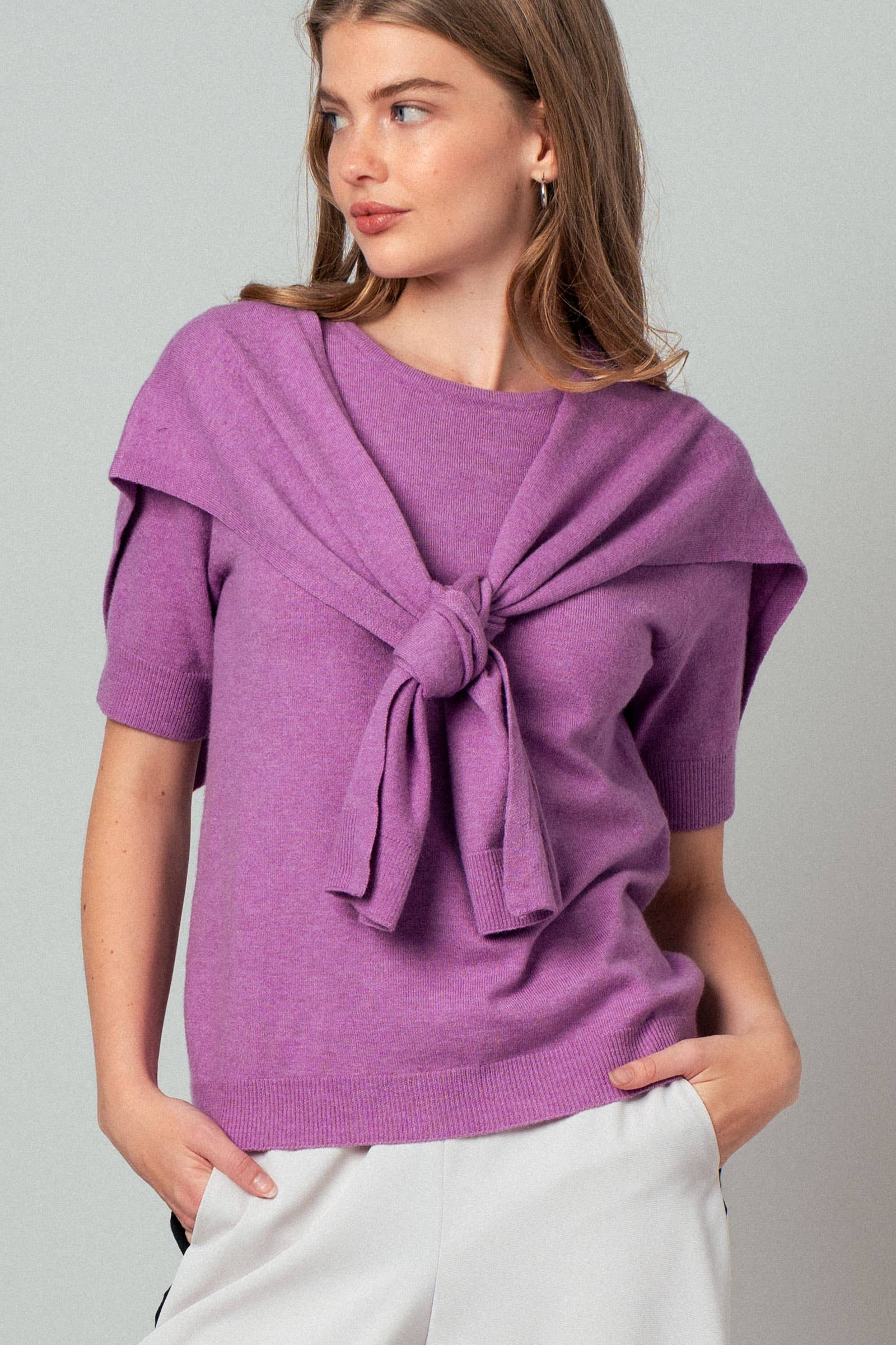 Faux Layered Tie-Front Knit Top