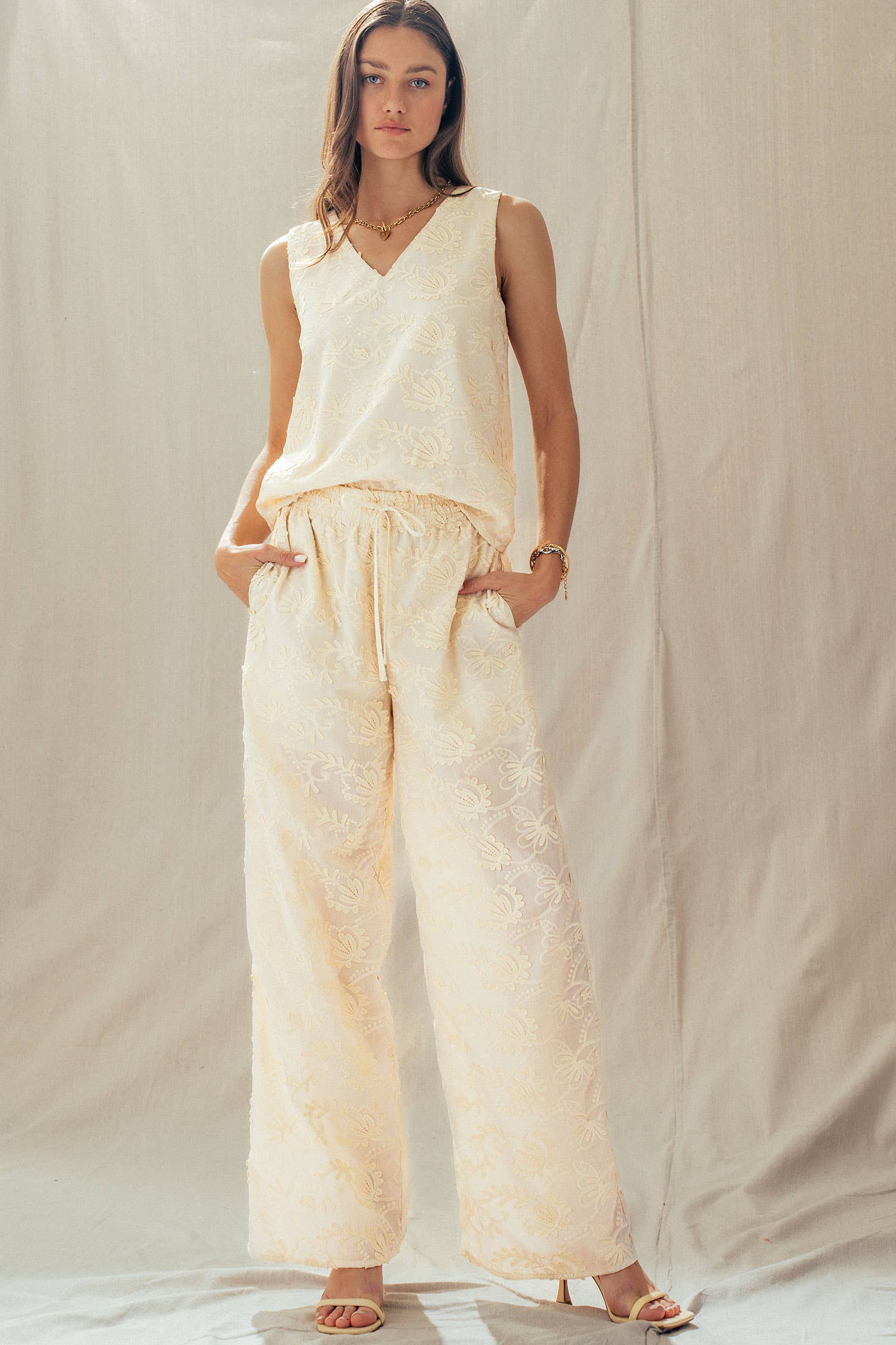 Floral Embroidered Cotton Top And Pant Set