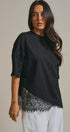 Oversized Cotton Tee with Asymmetric Lace Hem in BLACK - Women's T-Shirts & Polos | Urban Daizy