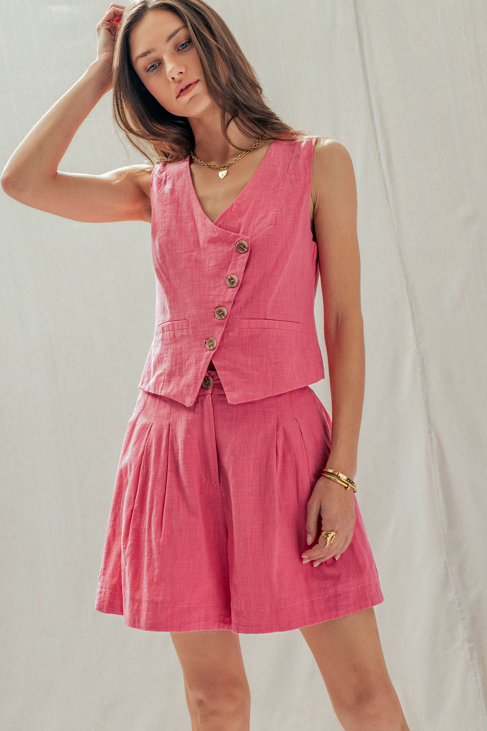 Asymmetrical Button Cotton Vest & Shorts Set