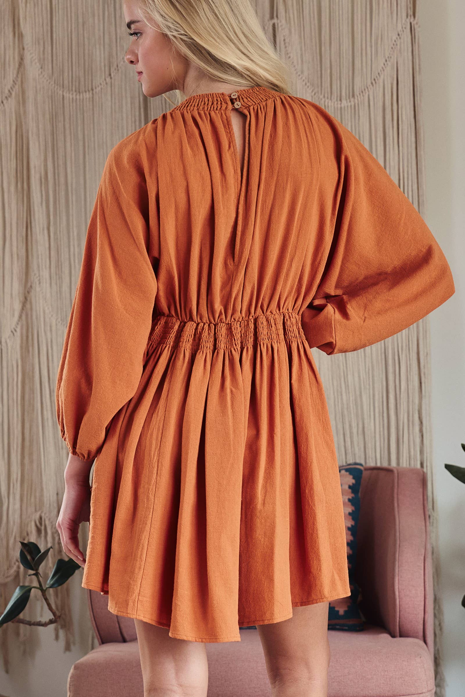 Urban Daizy Smocked V-Neck Balloon Sleeve Cotton Mini Dress Burnt-Orange Dress - Women's (UDZ-DR-00480) – alternate view 3