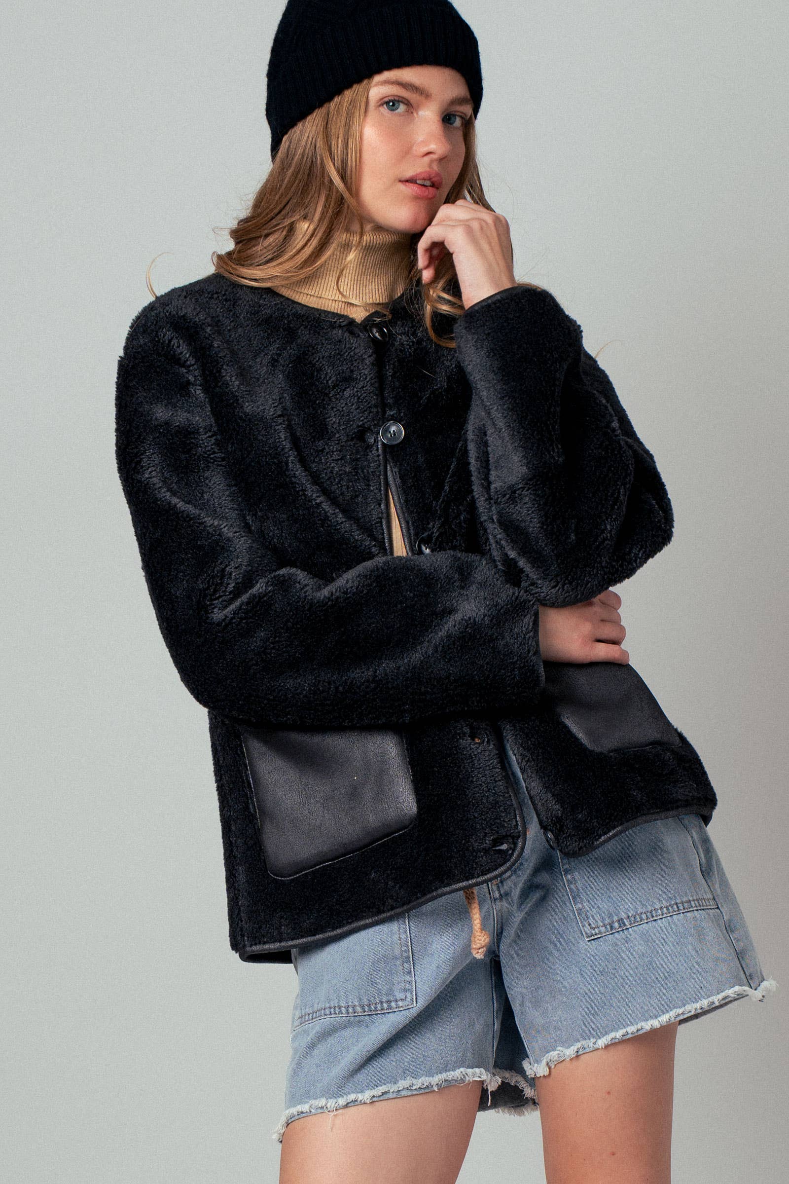 Faux Shearling Jacket with Suede Pockets