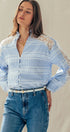 Urban Daizy Gingham Plaid Blouse Lace Insert Long Sleeve Blue Button Down Shirt - Women's (UDZ-TP-01056)
