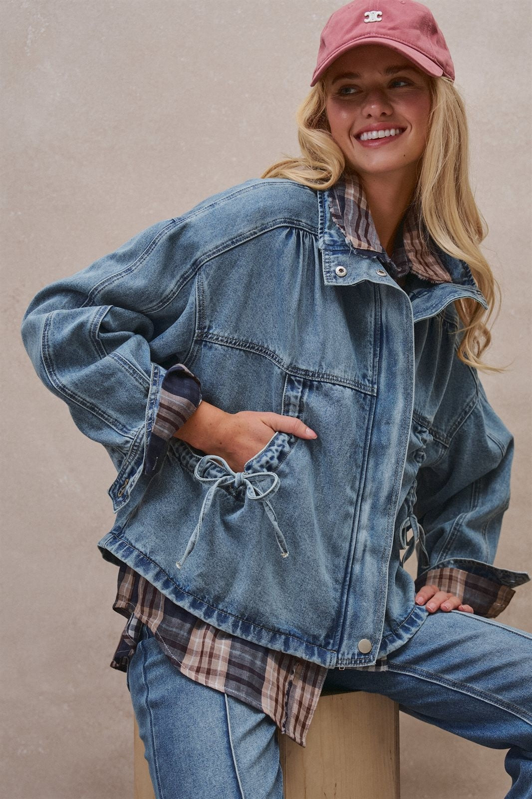 Vintage Washed Drawstring Denim Jacket with Stand Collar in DENIM - Women's Denim Jackets | Urban Daizy