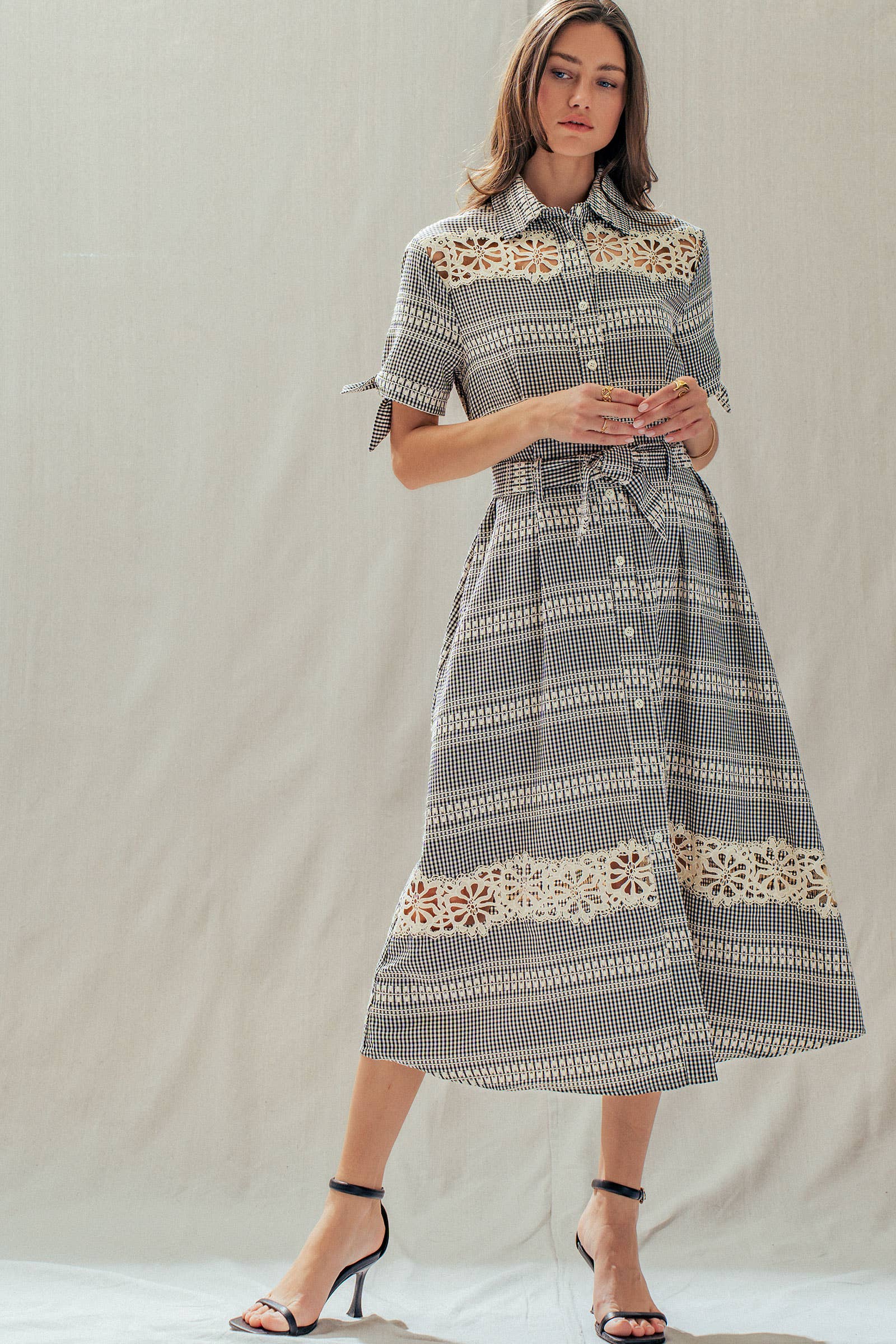 Gingham Cotton Shirt Dress Eyelet Embroidery