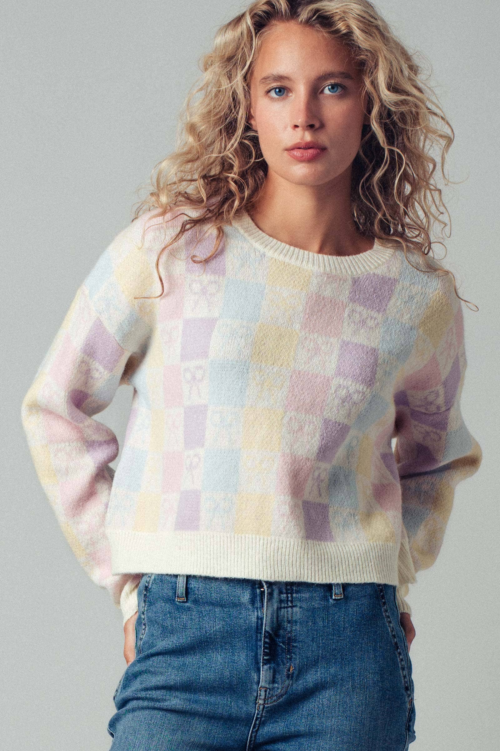 Urban Daizy Pastel Checkered Coquette Bow Knit Sweater Pastel Knit Sweater - Women's (UDZ-KN-00553) – alternate view 5